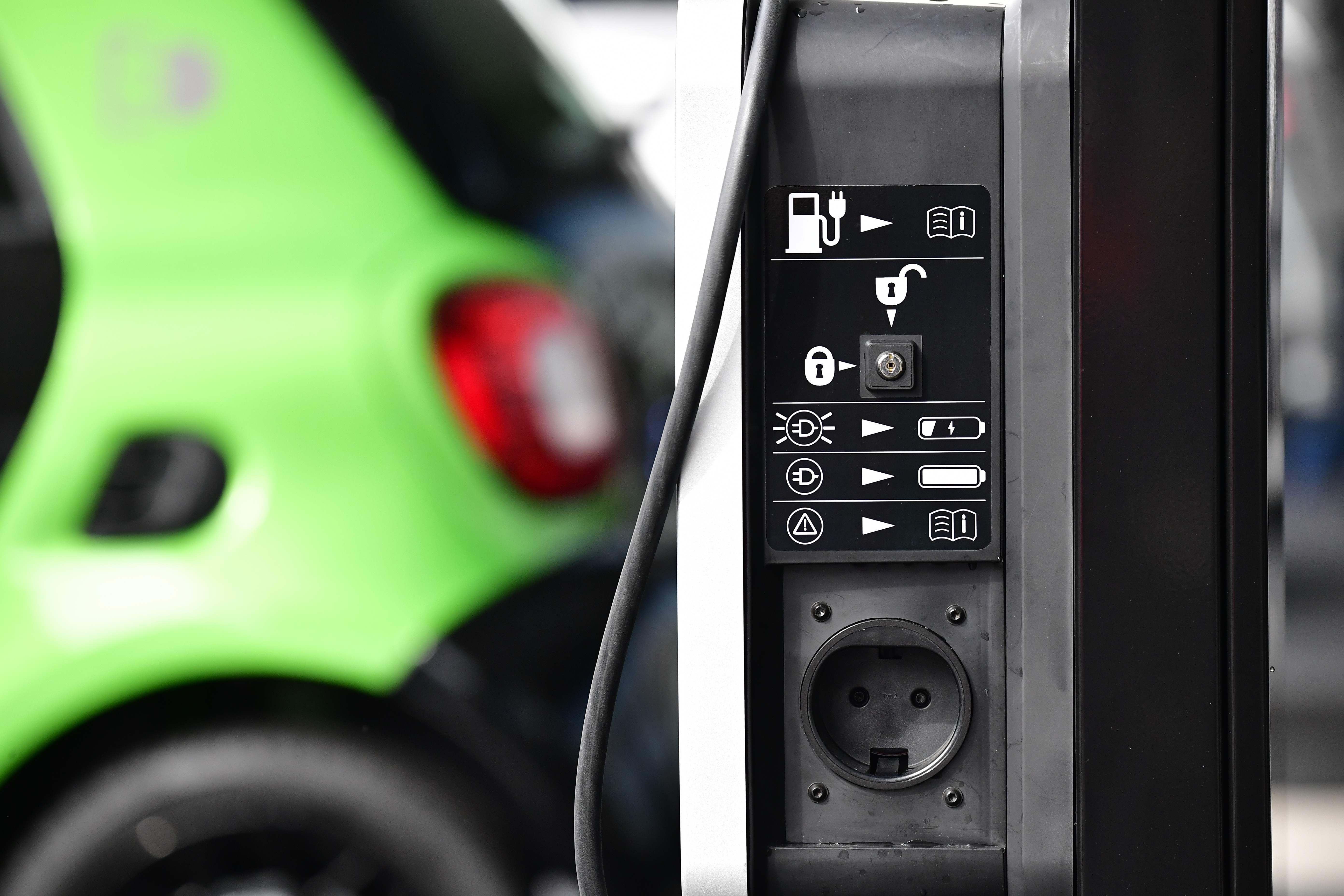A charging panel is pictured at a loading station for electric cars at the Frankfurt Auto Show IAA in 2017. Photo: AFP