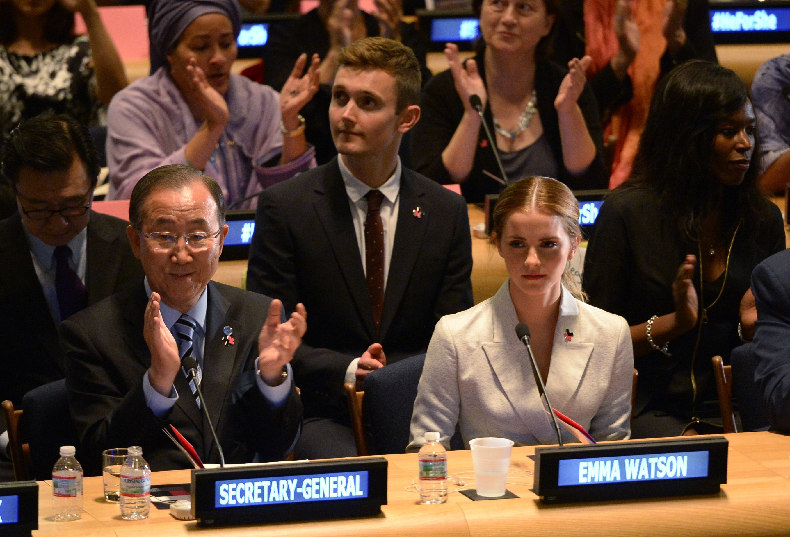 Then UN secretary general Ban Ki-moon and actress and UN Women Goodwill Ambassador Emma Watson at the launch of the HeForShe Campaign, in New York, on September 20, 2014. The campaign calls on men and boys worldwide to join the movement for gender equality. Photo: AFP