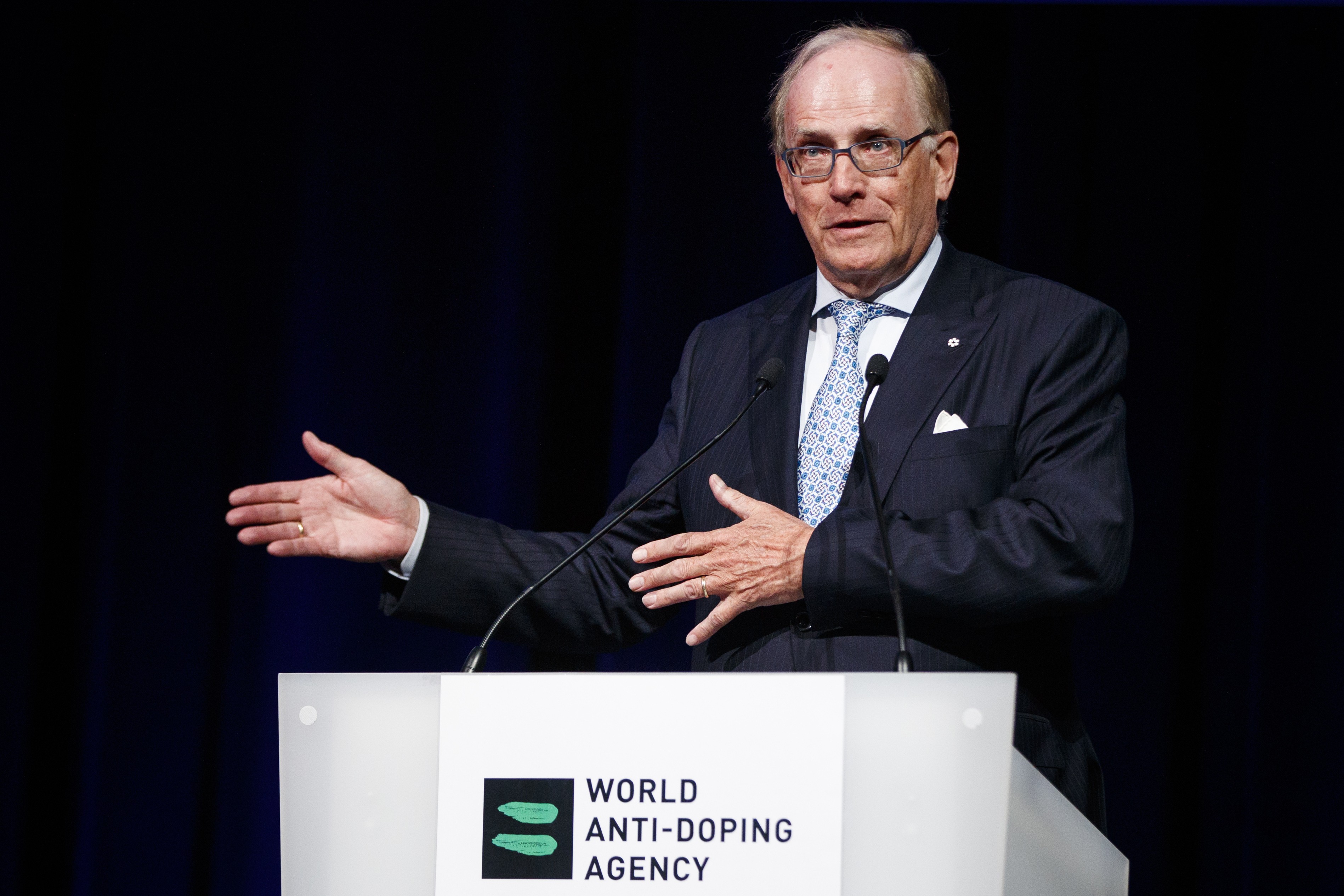 Richard McLaren speaking at the 2017 world anti-doping agency annual symposium in Lausanne, Switzerland. McLaren warned that Russia risks more punishment for its Olympic athletes due to its refusal to admit guilt for doping at the Sochi Winter Olympics. Photo: Keystone via AP