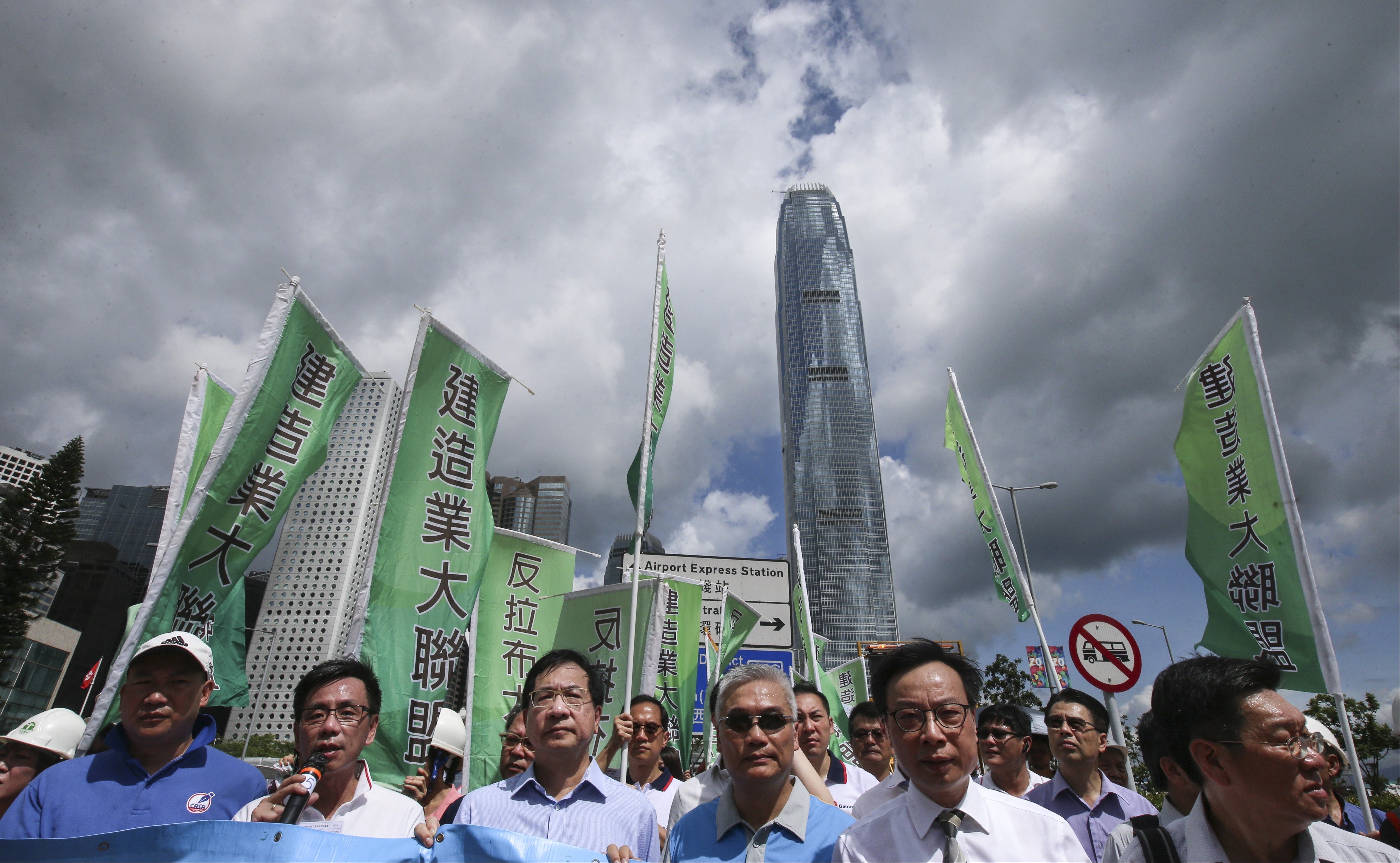 Groups representing the construction trade take part in a protest rally in June this year against filibustering in Legco’s Finance Committee. Because of the filibustering, the Finance Committee approved only about half of the HK$130 billion needed for the construction projects approved in the 2016/17 legislative year. Photo: David Wong