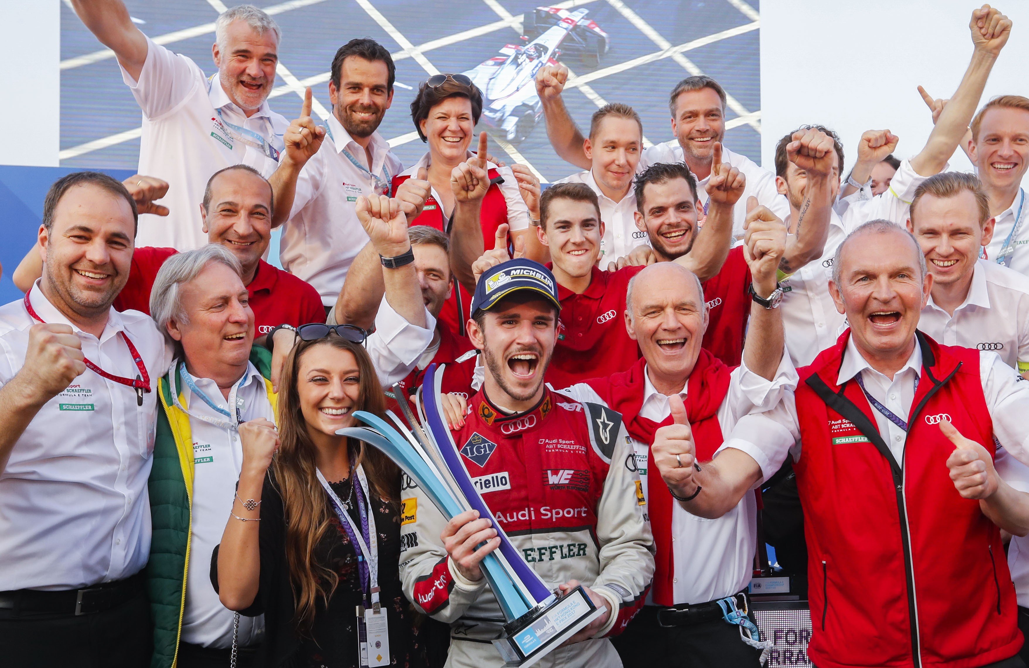 Germany’s Daniel Abt (centre) celebrates his HKT Hong Kong E-Prix win with his ABT Schaeffler Audi Sport team, before he was disqualified. Photo: Edward Wong