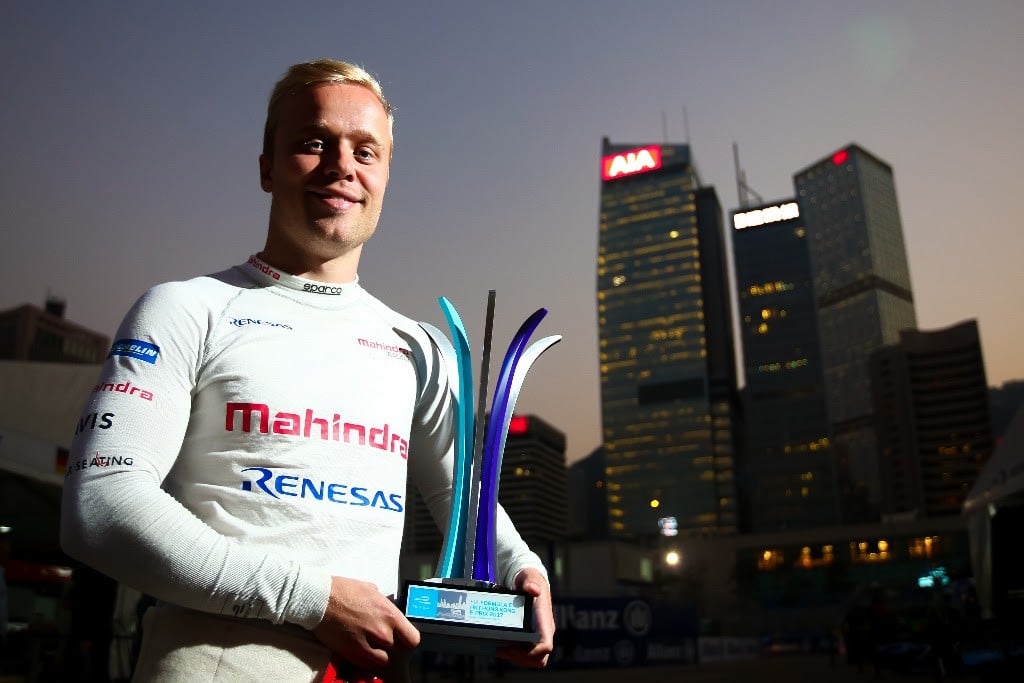 Felix Rosenqvist holds the HKT Hong Kong E-Prix trophy after being elevated to race winner following Daniel Abt’s disqualification. Photo: Handout