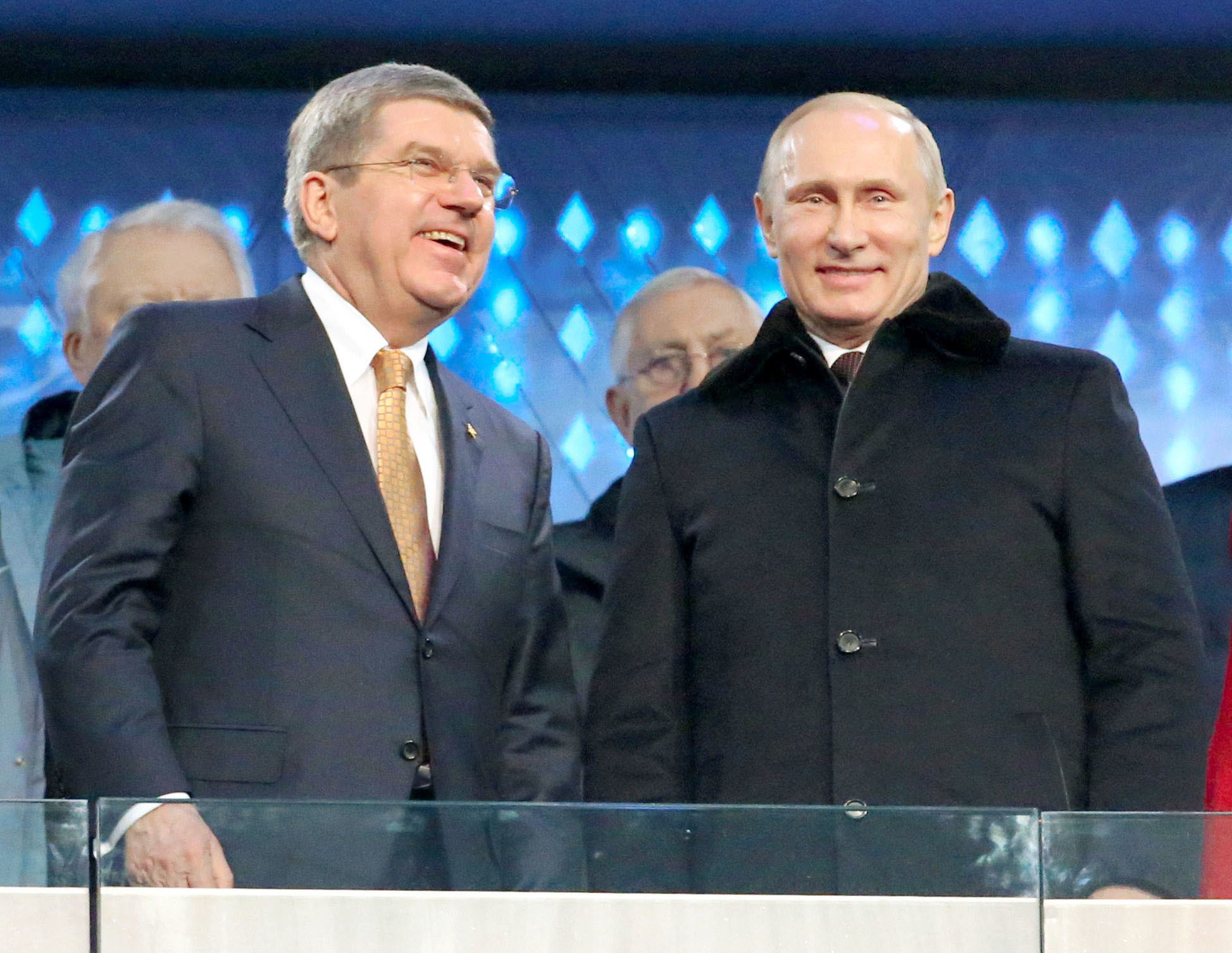 IOC president Thomas Bach (left) and Russian President Vladimir Putin at 2014 Winter Olympics opening ceremony in Sochi. Photo: Kyodo
