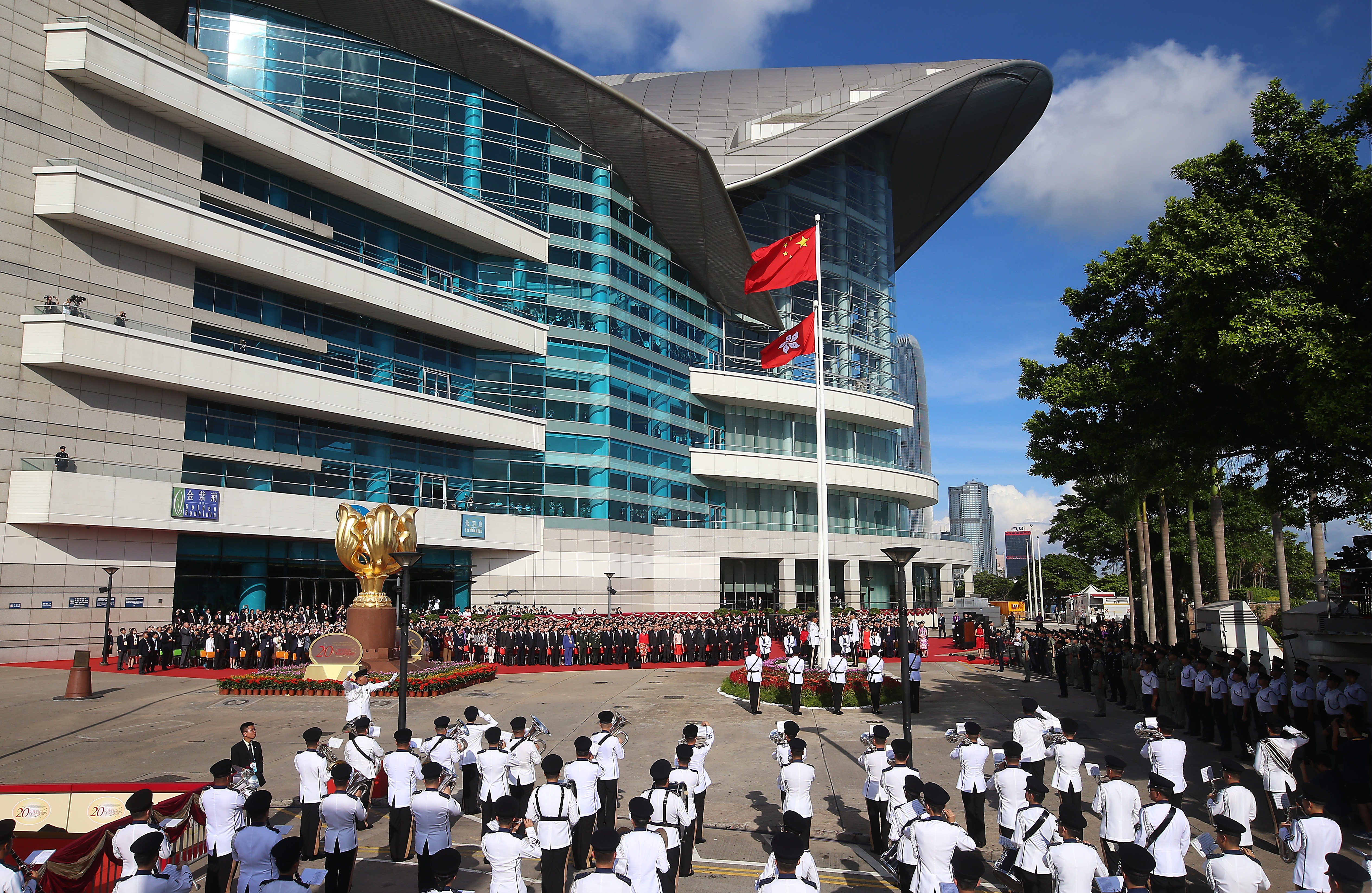 The search team had very little time to prepare for the flag-raising ceremony at the Golden Bauhinia Square in Wan Chai. Photo: K.Y. Cheng