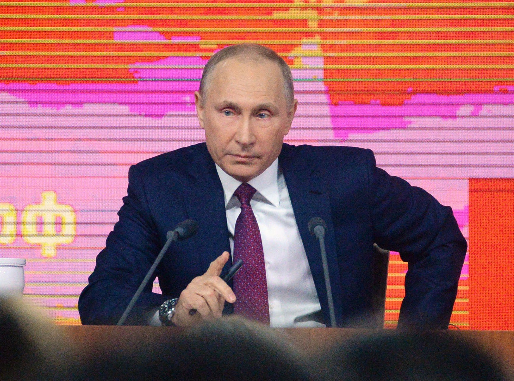 Russian President Vladimir Putin speaks at his annual end-of-year press conference in Moscow. Photo: Kyodo