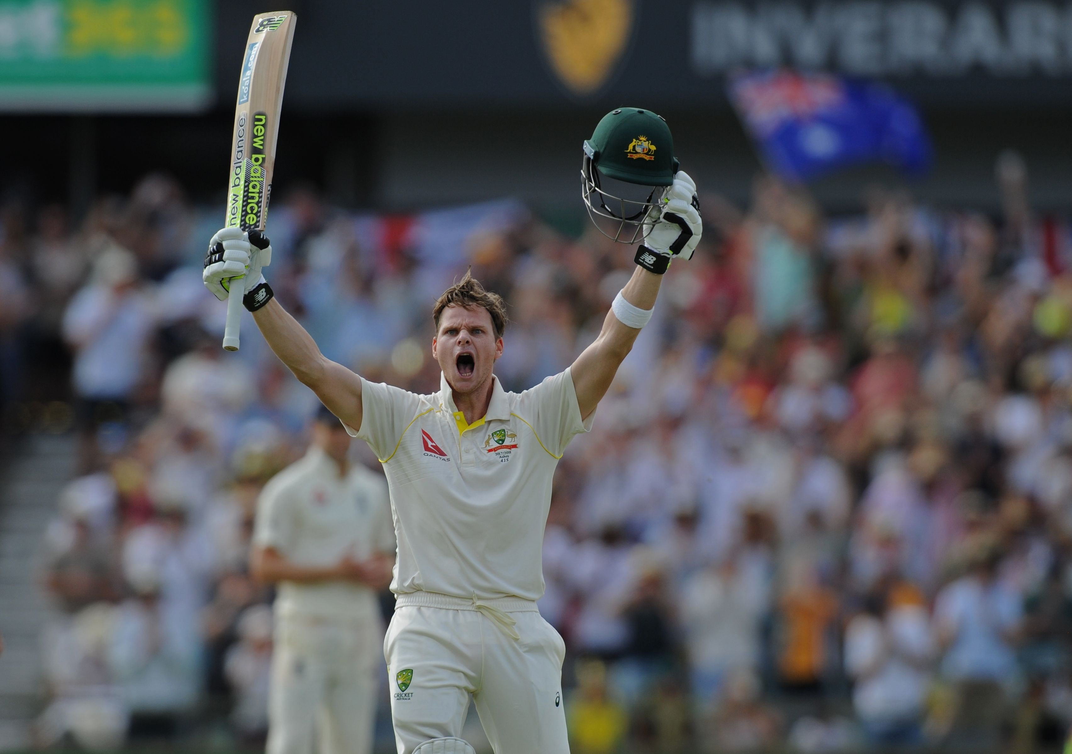 Australia captain Steve Smith celebrates after reaching his double century. Photo: AFP