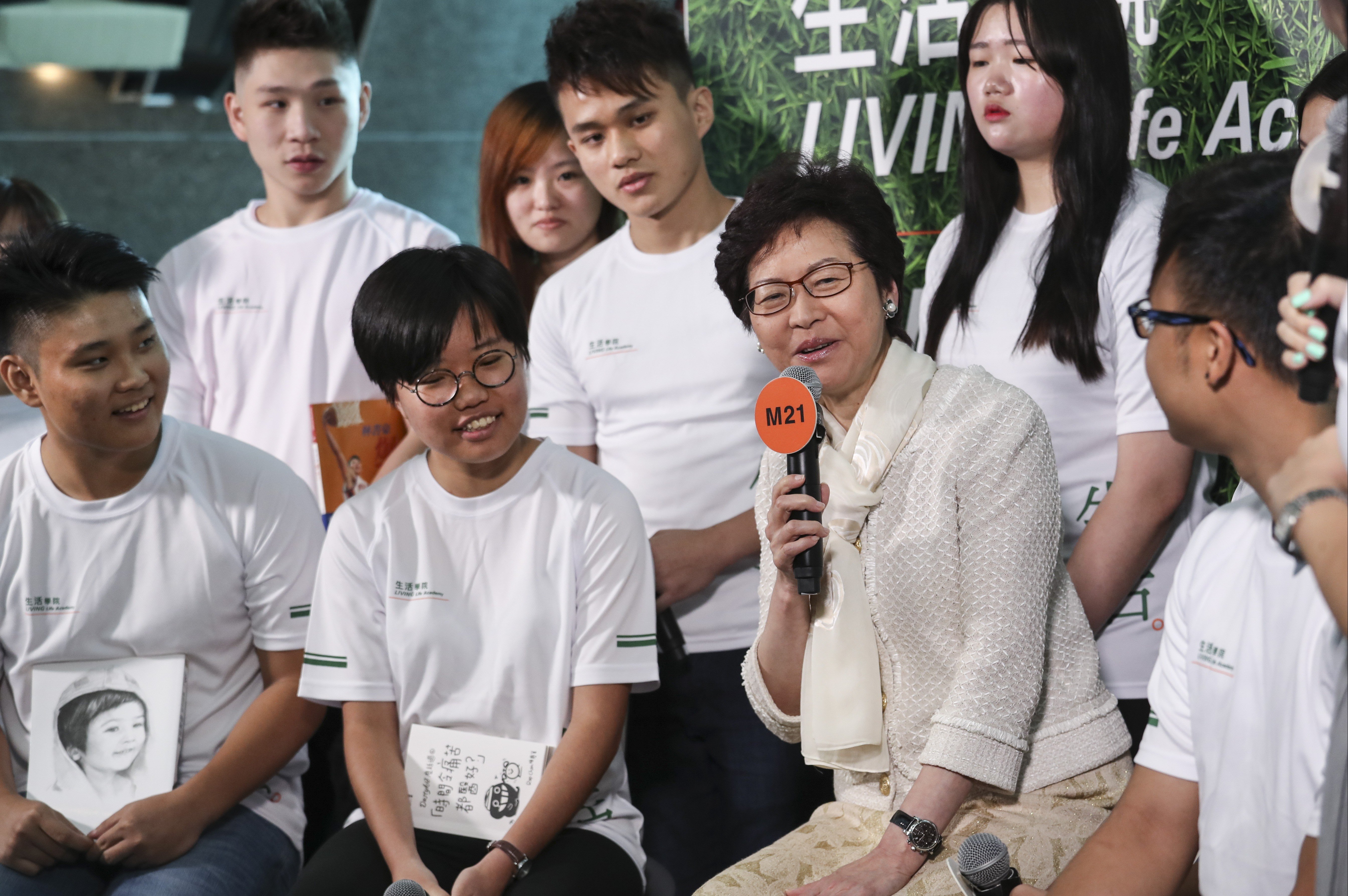 Chief Executive Carrie Lam answers questions at a programme hosted by the Federation of Youth Groups during the Hong Kong Book Fair, at the Convention and Exhibition Centre on July 20. Photo: Nora Tam
