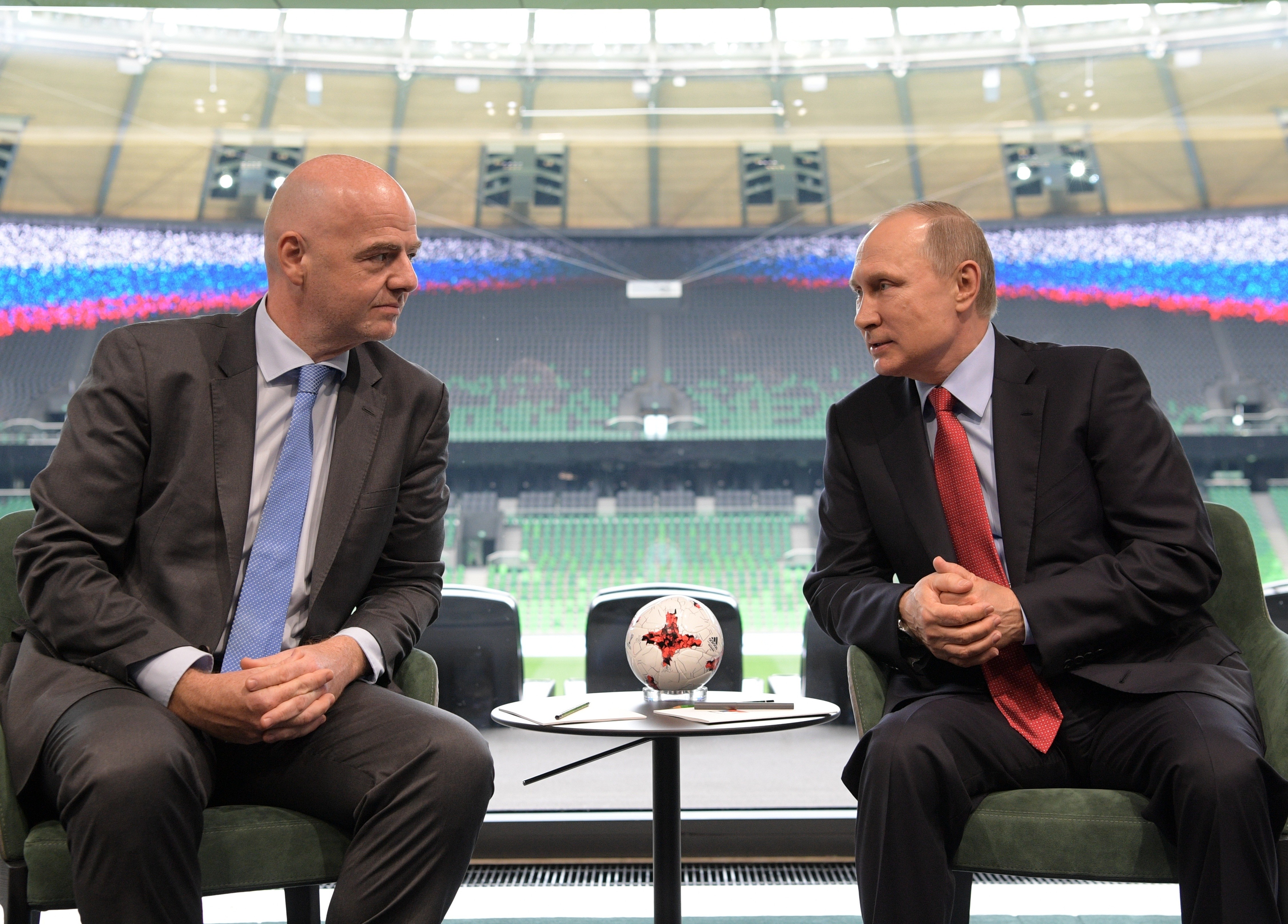 Russian President Vladimir Putin meets Fifa president Gianni Infantino at the FC Krasnodar Stadium in Krasnodar, Russia. Photo: AP