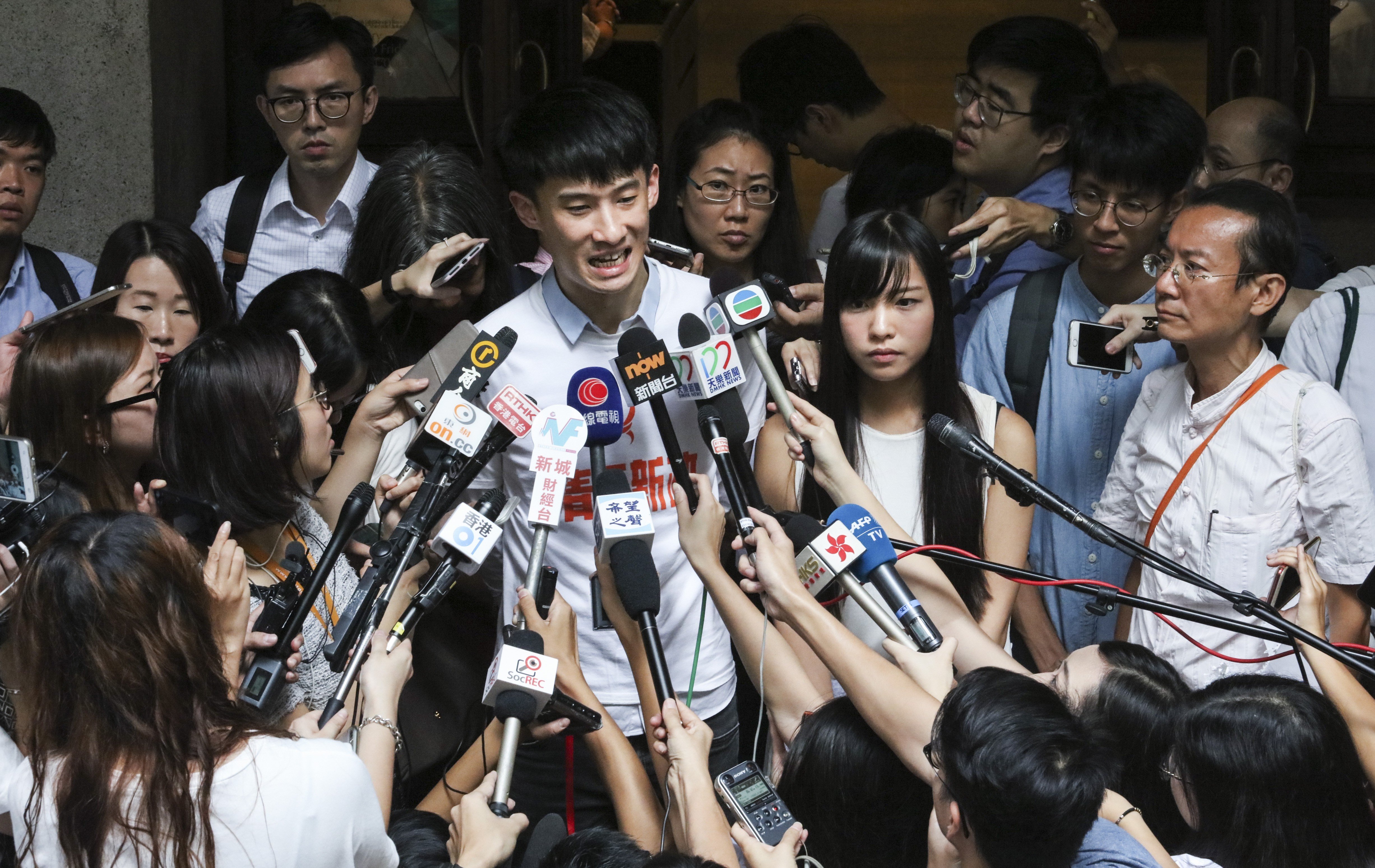 Youngspiration’s Sixtus Baggio Leung Chung-hang (left) and Yau Wai-ching (right) lost their appeal to retain their Legco seats in August, after they were disqualified for improper oath-taking last year. Photo: Felix Wong