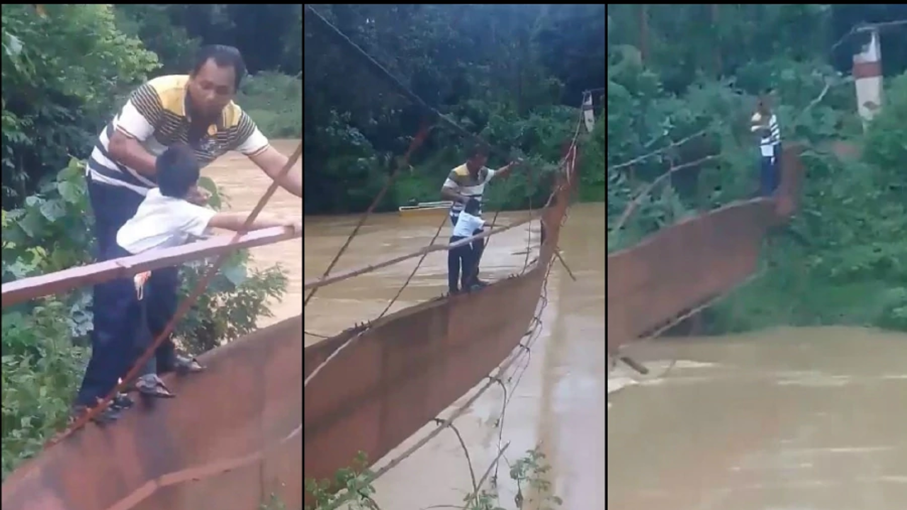 A videograb showing the father guiding his child across the broken bridge as they make thier journey to Sekolah Batu Yon, Bukit Betong. Photo: New Straits times
