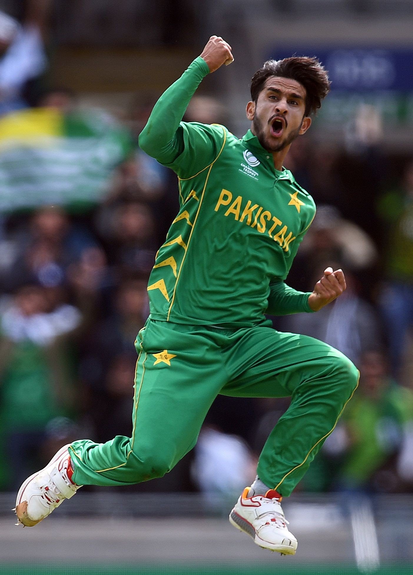 Pakistan's Hasan Ali celebrates a wicket against South Africa in the Champions Trophy. Photo: AFP
