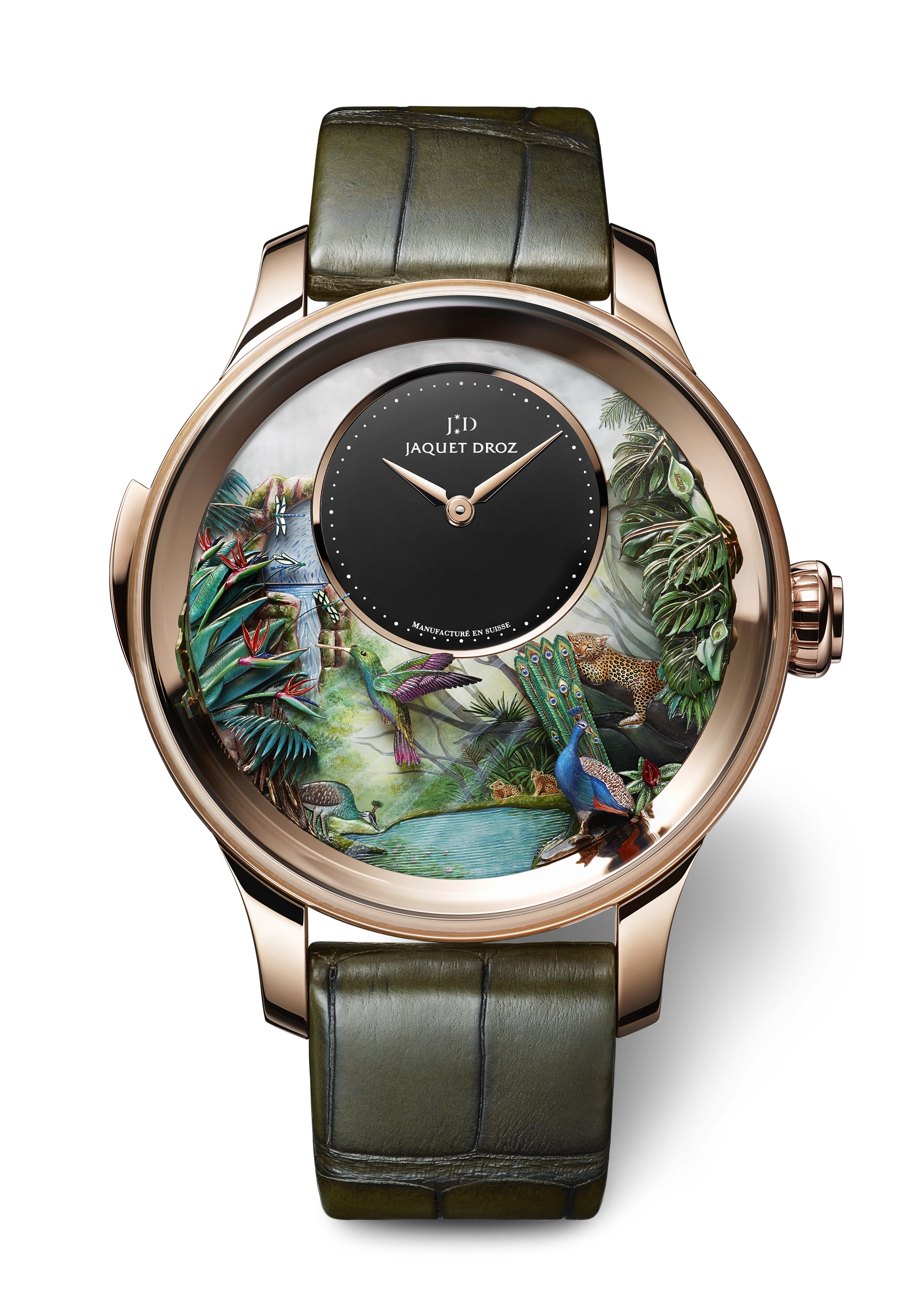 Jaquet Droz. The artistic timepiece, with a black onyx sub-dial, features hand-engraved and hand-painted decorations, including a peacock, tropical leaves, a humming bird, a toucan, dragonflies and a waterfall, on its white mother-of-pearl dial, HK$5.37 million