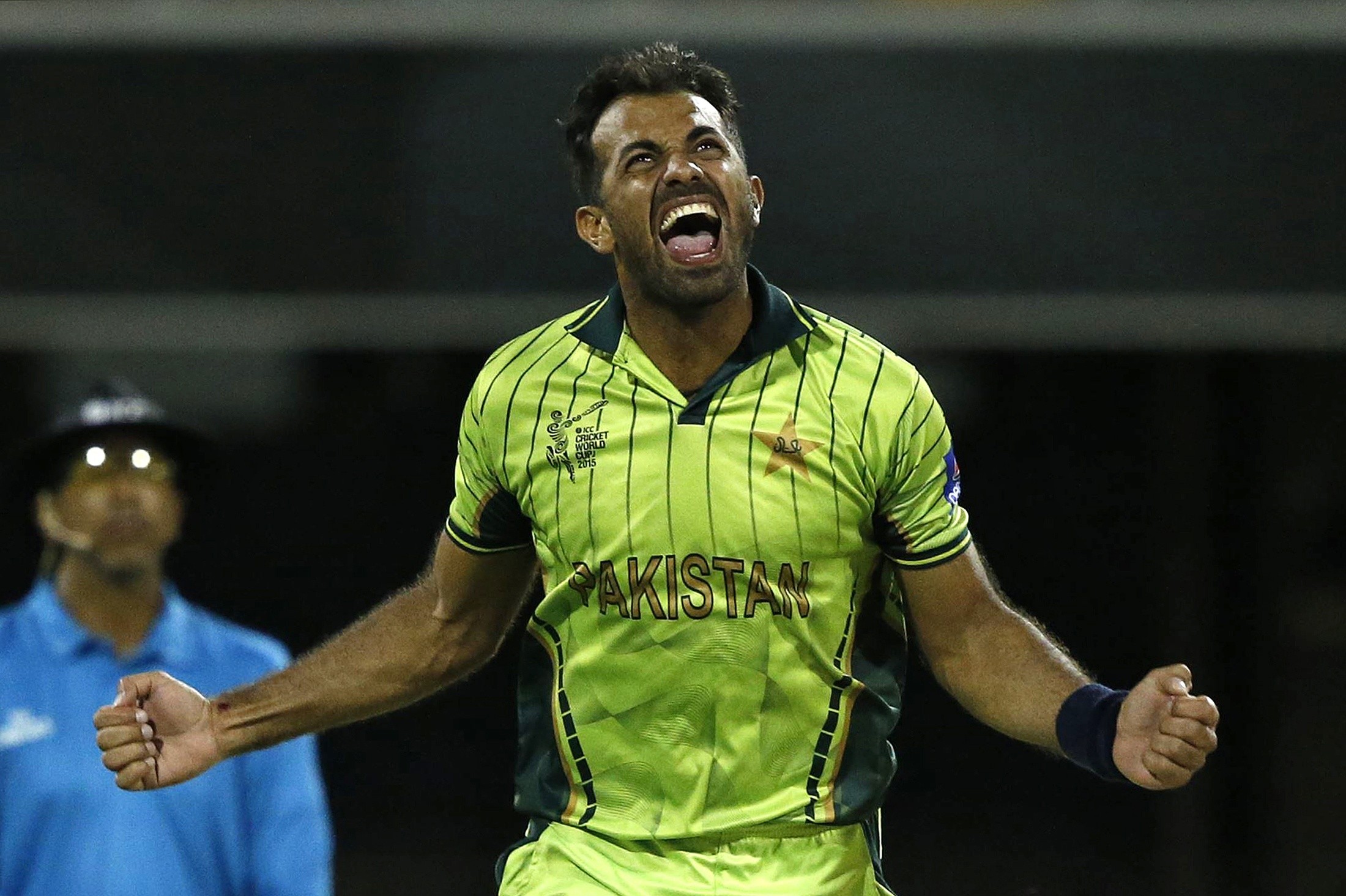 Pakistan's Wahab Riaz celebrates a wicket against Zimbabwe in Brisbane. Photo: Reuters