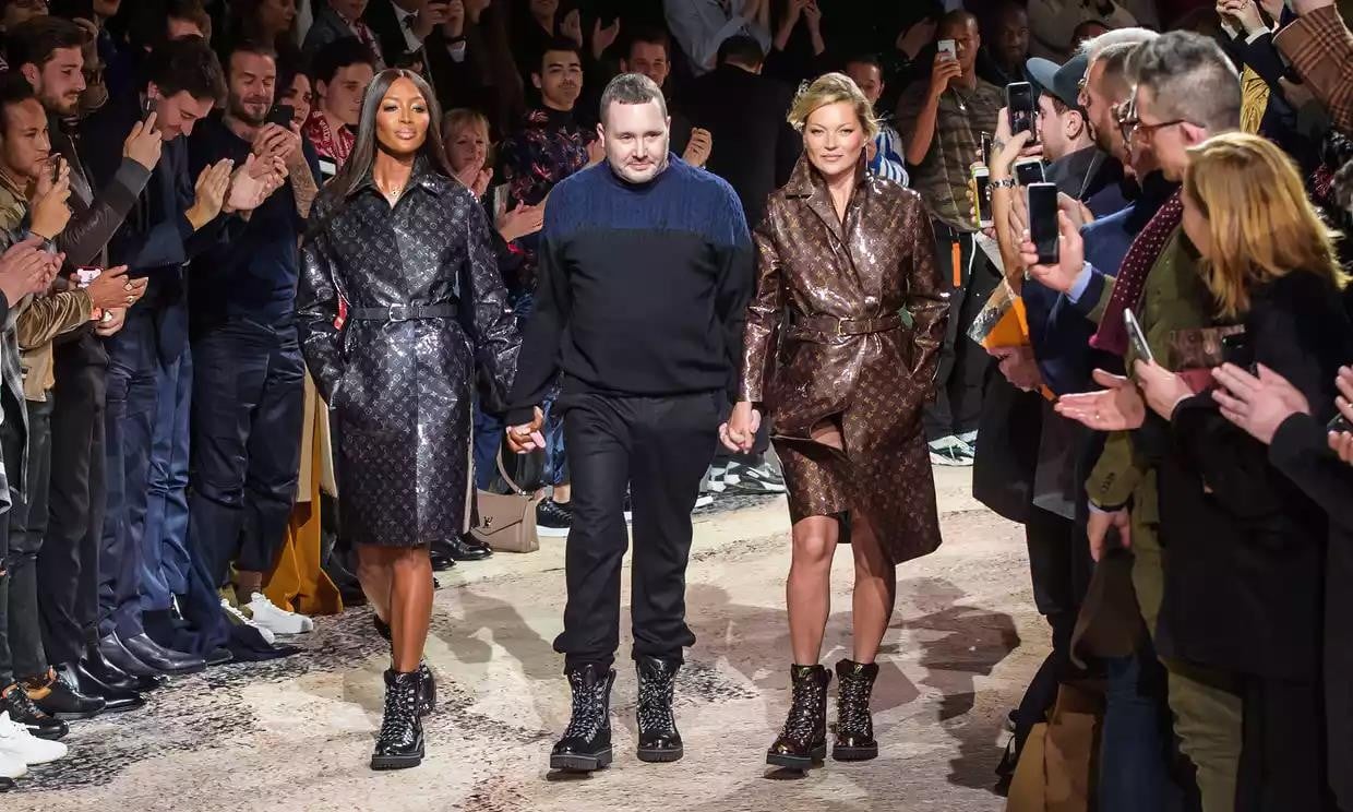 Naomi Campbell (left), Kim Jones (middle) and Kate Moss (right) were in good spirits for Louis Vuitton artistic director’s final show. Photo: Christophe Petit Tesson/EPA