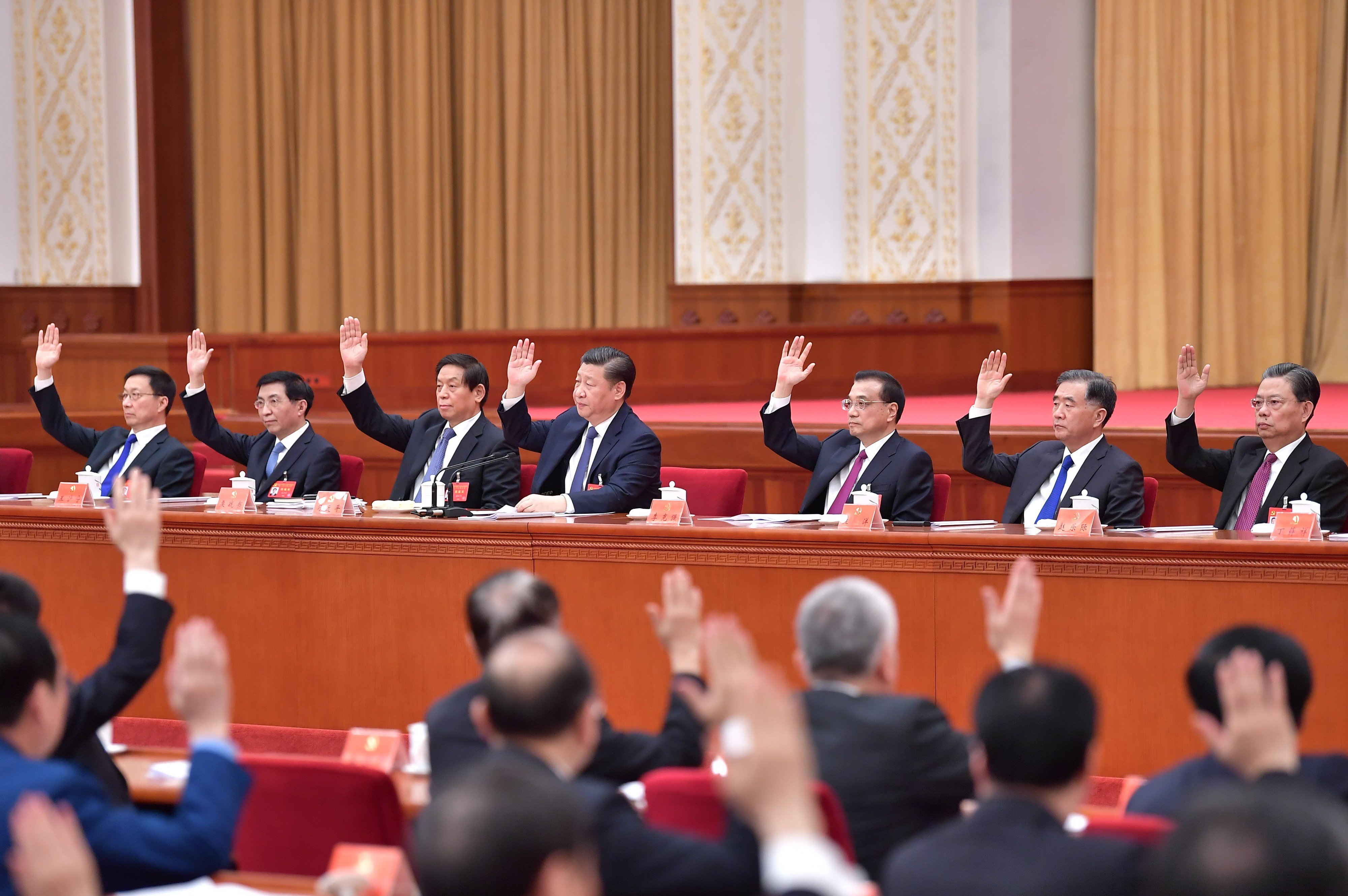 The revision will make Xi Jinping (fourth from left) the first sitting Chinese leader to see his name in the constitution since Mao Zedong. Photo: Xinhua