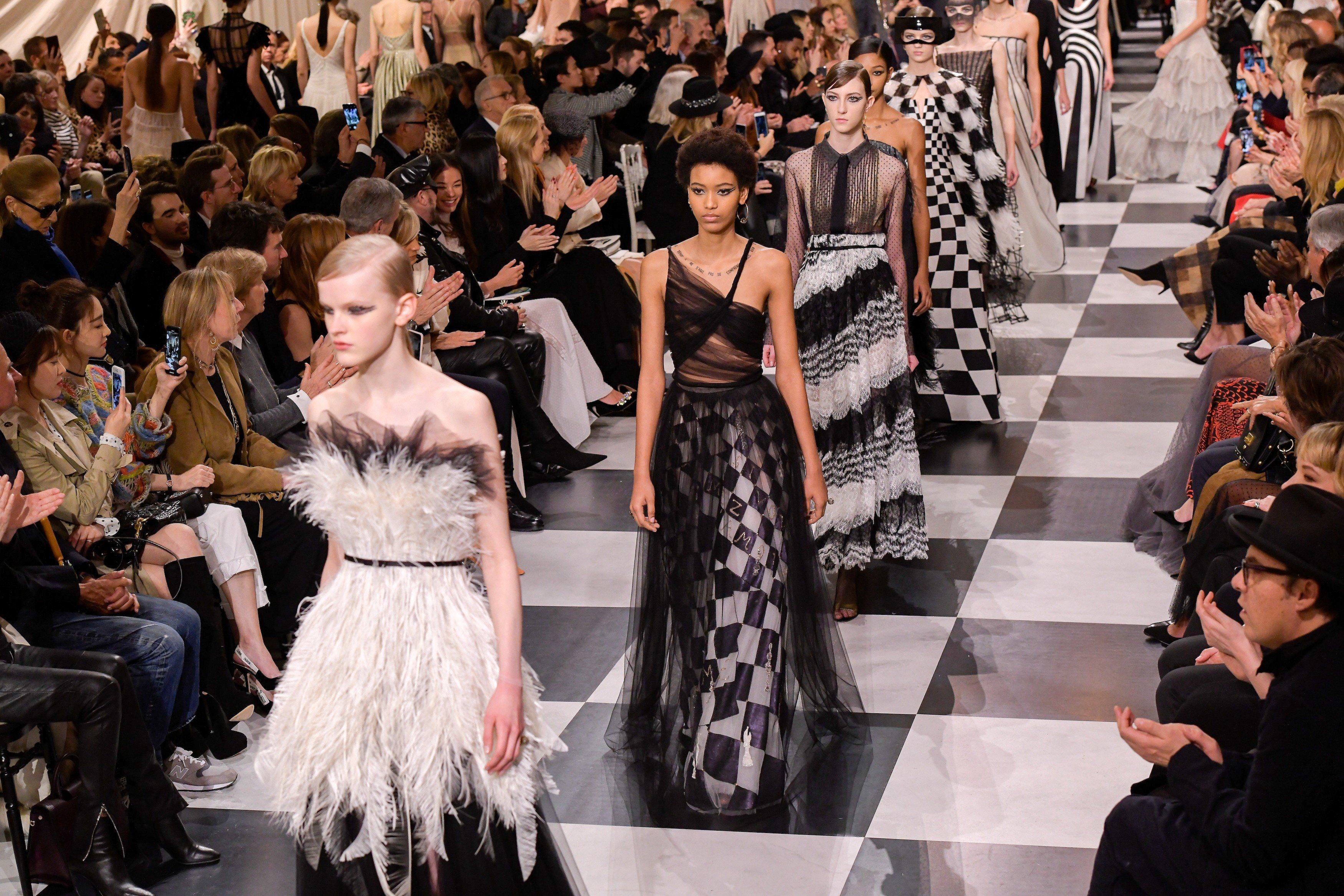 Christian Dior’s haute couture spring summer show takes place inside a huge cube covered in a checkered pattern