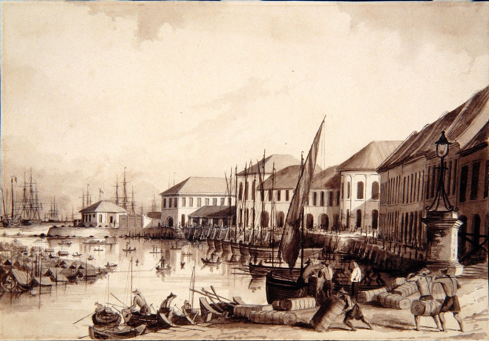 A watercolour and ink impression of Singapore by Charles Dyce. The River from Monkey Bridge was painted between 1842 and 1843. It shows a bridge now known as Elgin Bridge.