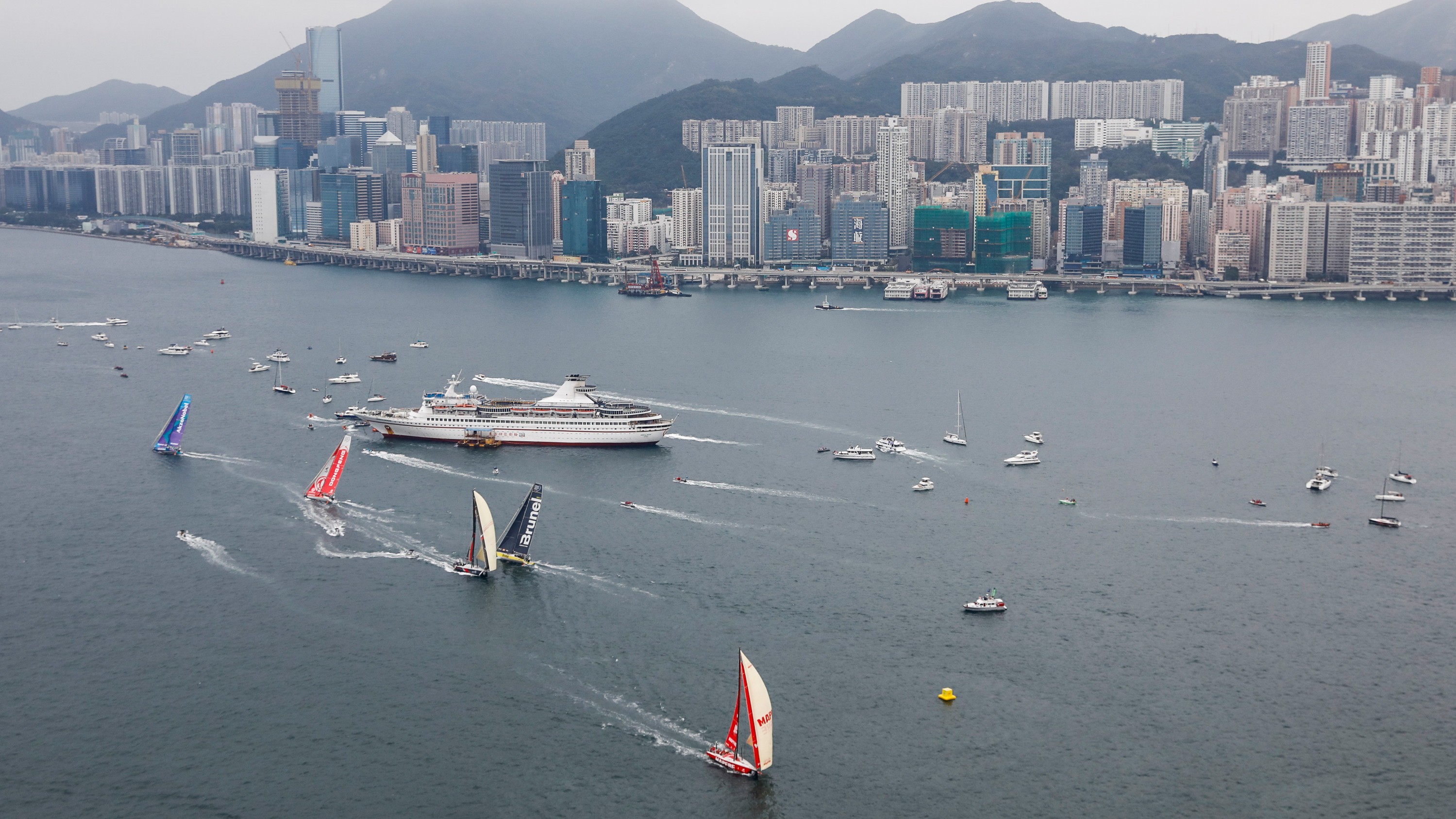 Volvo Ocean Race yachts compete in an in-port race in Victoria Harbour, Hong Kong. Photo: Ainhoa Sanchez/Volvo Ocean Race