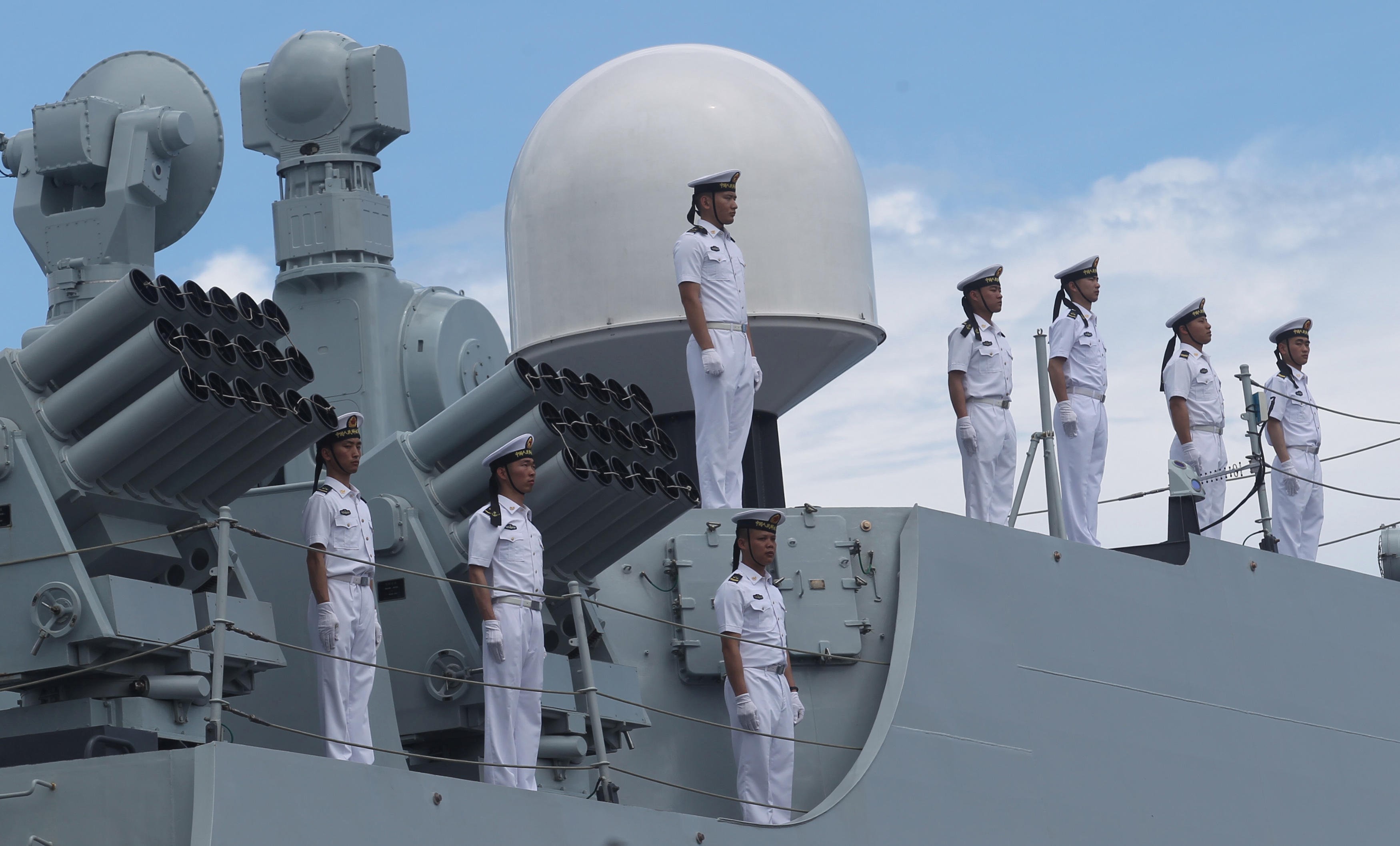 Chinese sailors stand at attention on board a Chinese naval ship during a visit to Davao city, southern Philippines. Photo: Reuters