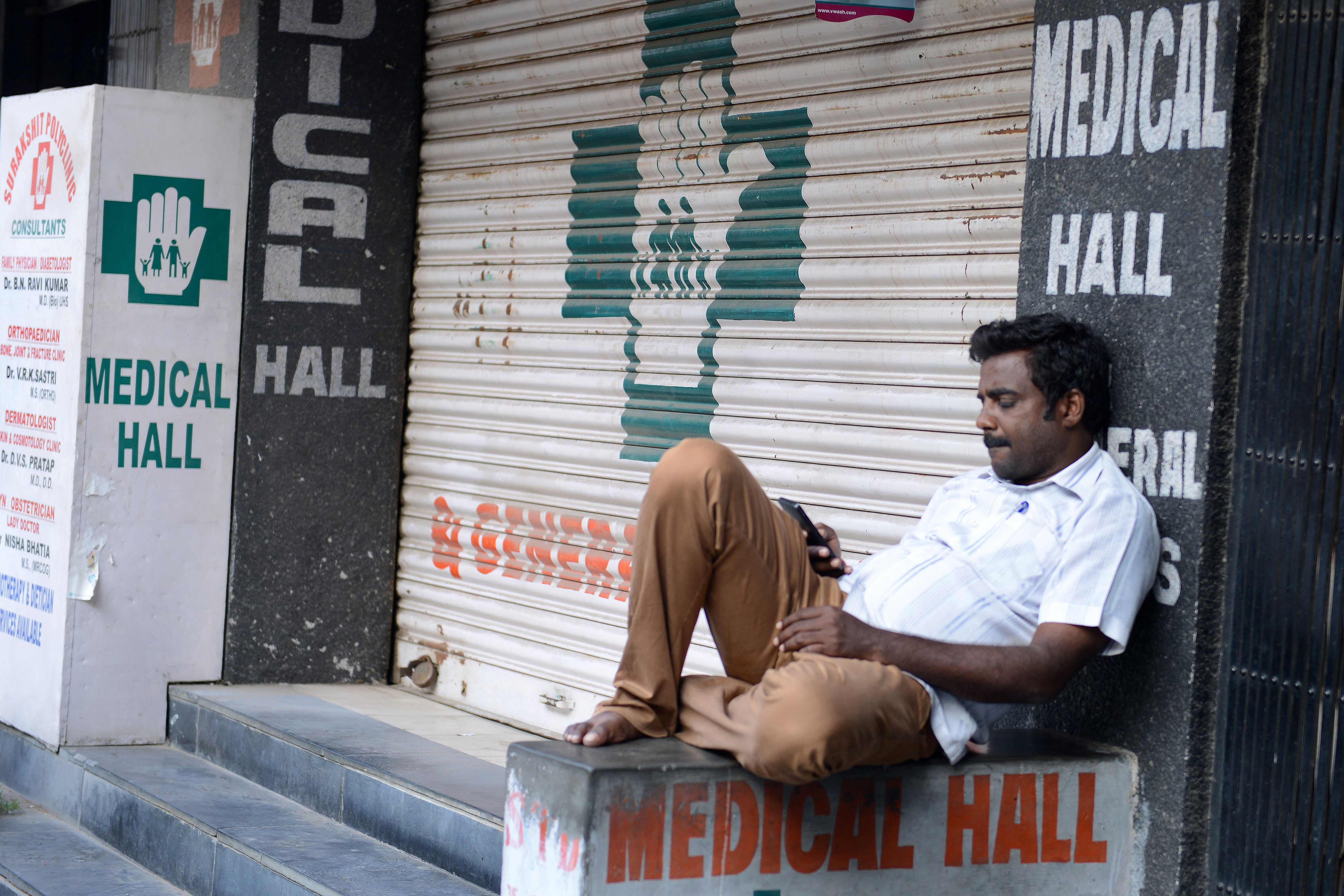 A closed pharmacy in Hyderabad. Photo: AFP