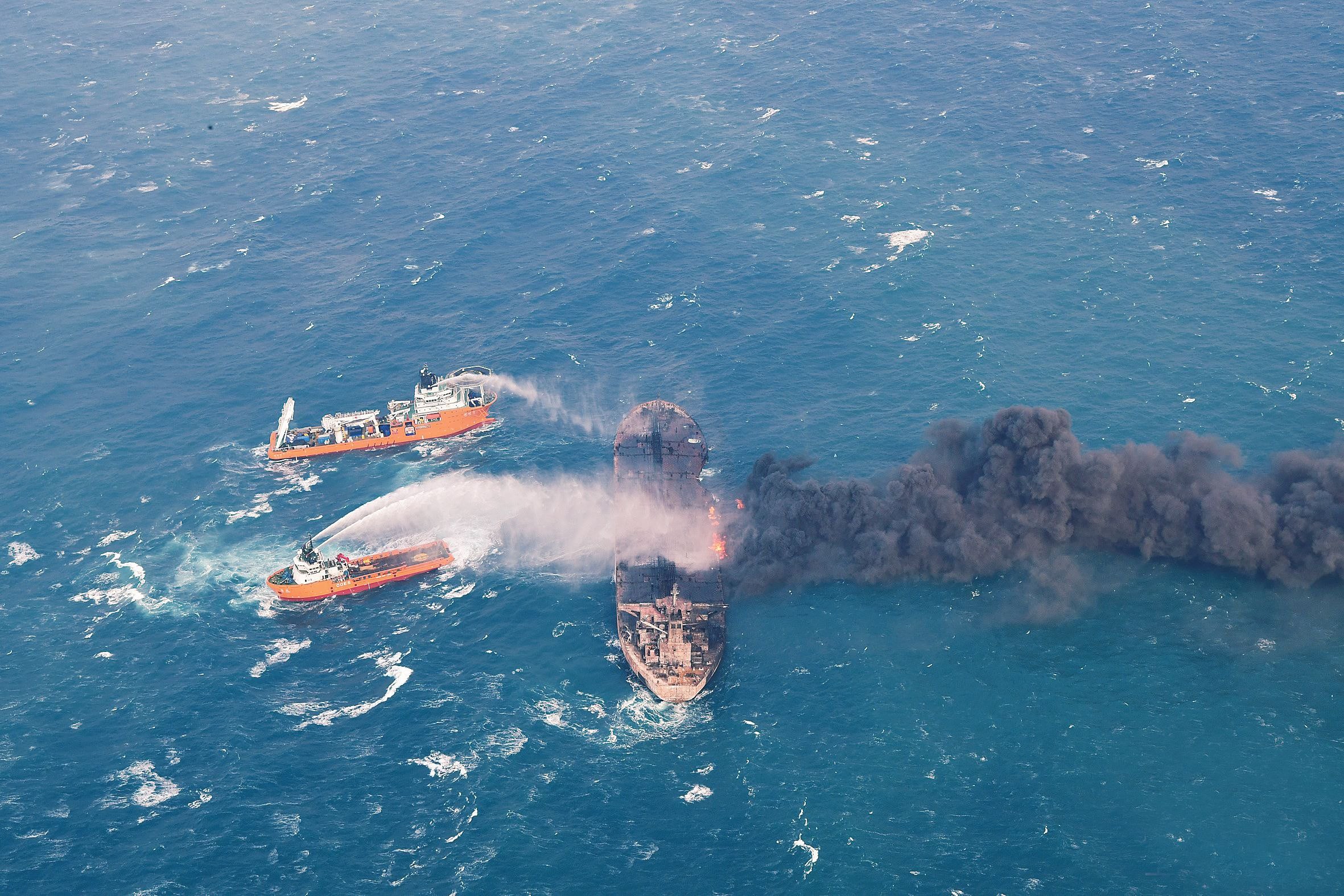Rescue ships douse the fire on the tanker Sanchi on Jaunary 10, four days after it collided with a Hong Kong-registered freighter off China's eastern coast. Photo: EPA-EFE/Transport Ministry of China