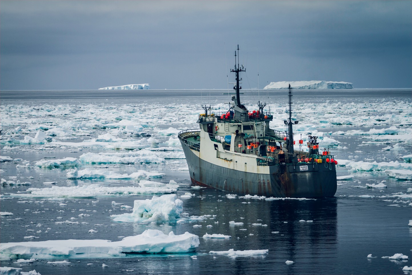 The toothfish poaching vessel, Thunder, in the ice fields of the Antarctic Ocean. Picture: Simon Ager/Sea Shepherd