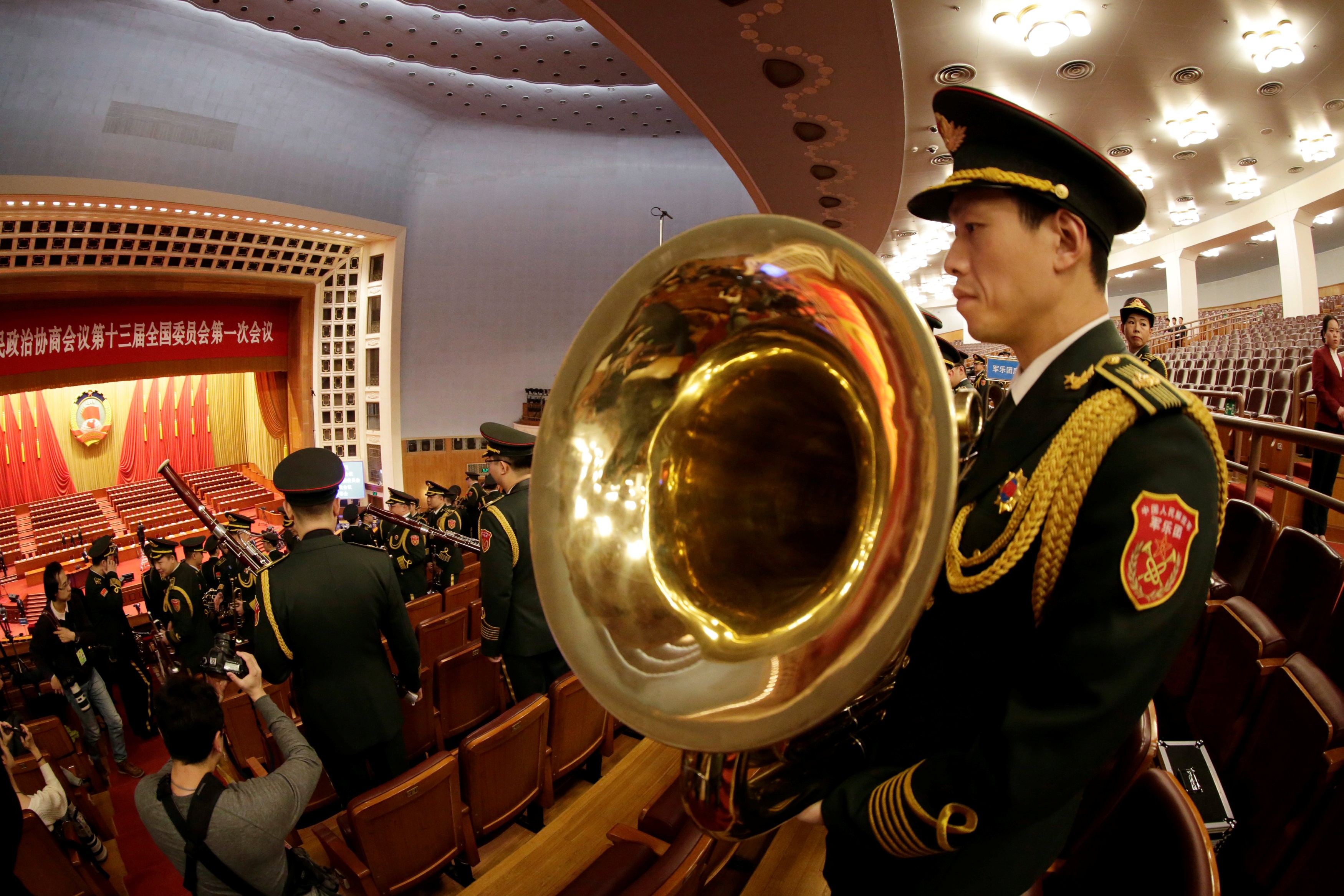Military band members rehearse for the CPPCC opening session at the Great Hall of the People in Beijing on Saturday. Photo: Reuters