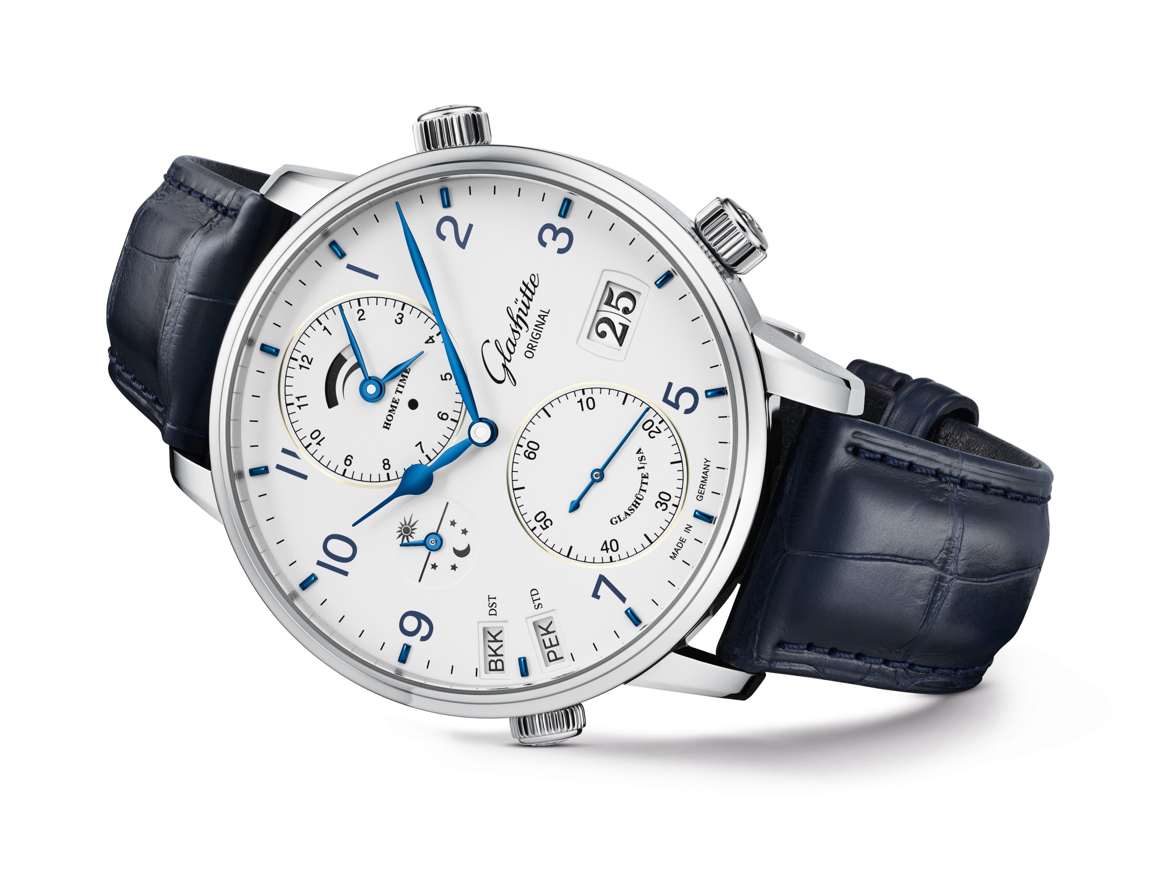 Glashütte Original. The Senator Cosmopolite, in stainless steel, has dark blue printed Arabic minute numerals and blue hands against a matte white lacquered dial, HK$175,000
