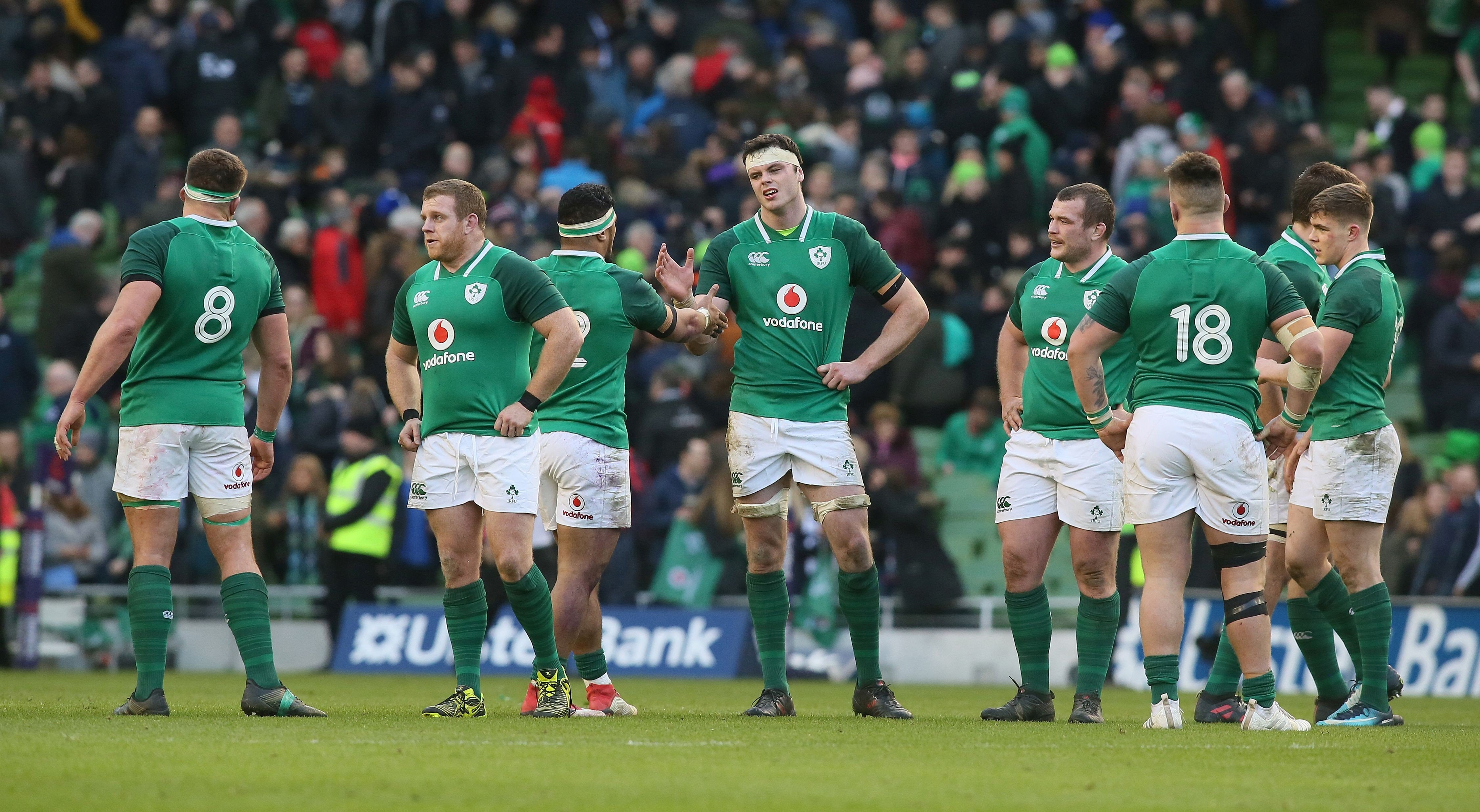 Ireland’s Sean Cronin (second left) celebrates with teammates following their Six Nations Championship win over Scotland. Photo:AFP