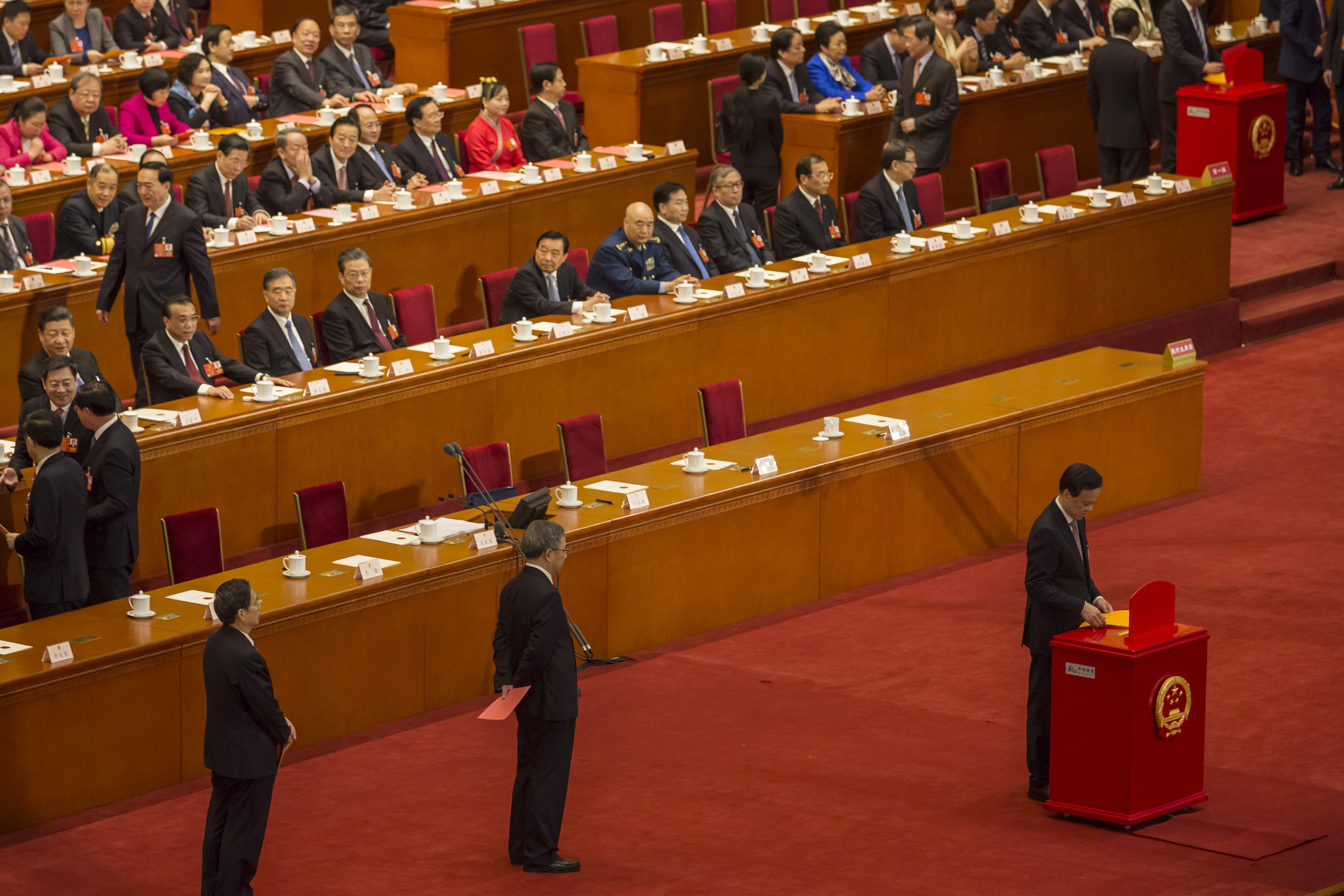 National People’s Congress delegates line up to cast their ballots at the Great Hall of the People in Beijing on Sunday. Photo: Bloomberg
