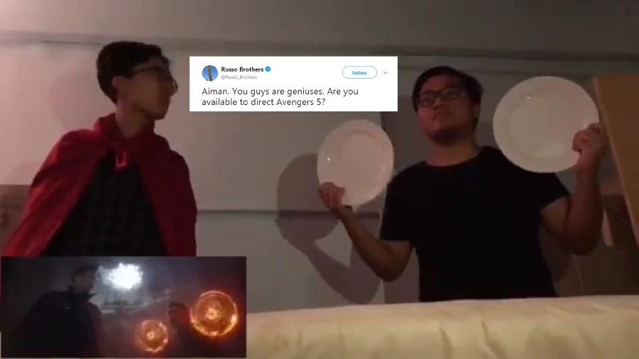 In a bid for some fun and laughter, twitter user Aiman Sany@awesomerawks and his friends recently made and tweeted a low-budget, frame-for-frame parody video of Marvel's highly anticipated Avengers: Infinity War. Photo: Twitter