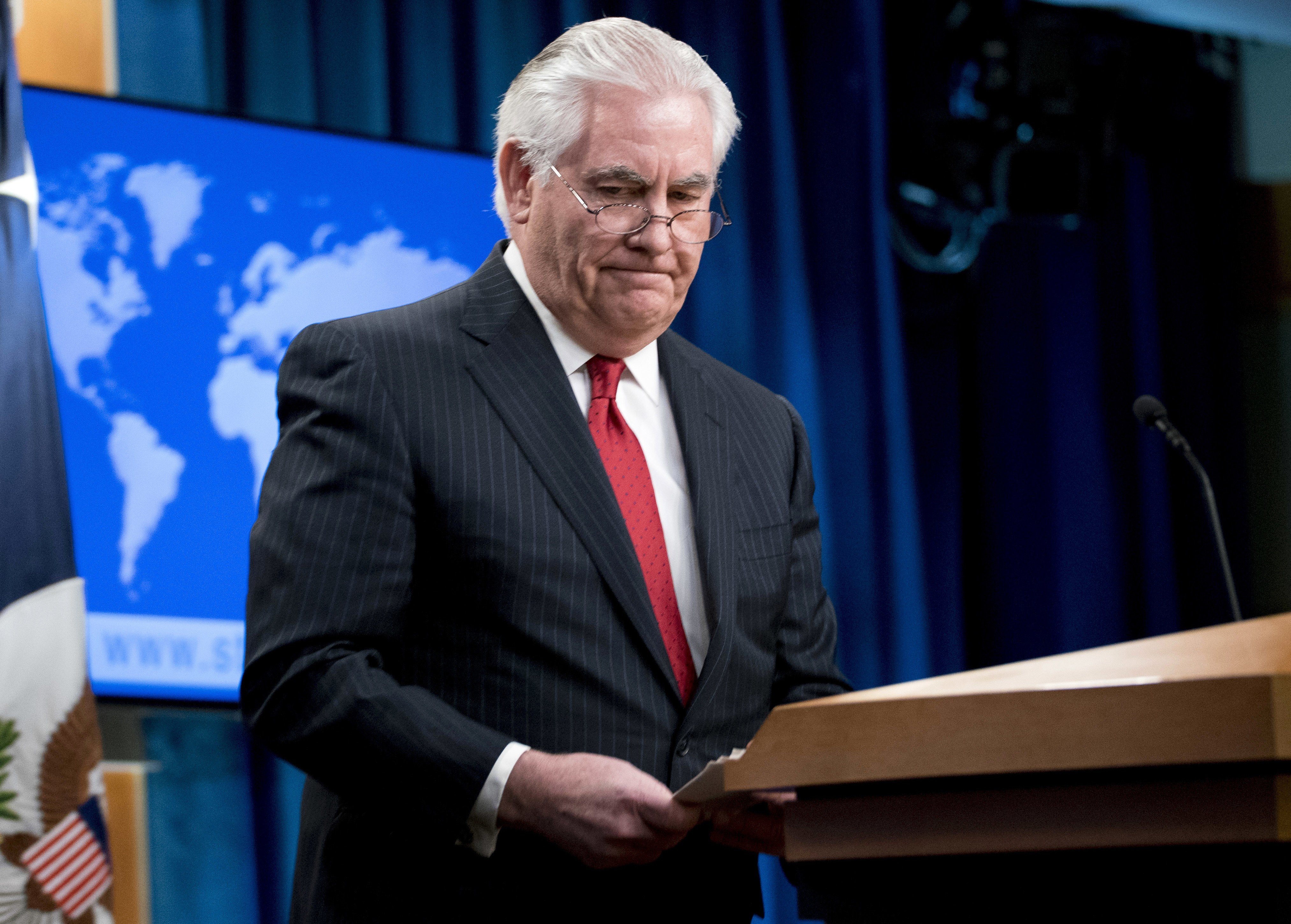 Departing US Secretary of State Rex Tillerson steps away from the podium after speaking at the State Department in Washington on March 13. Tillerson’s time at the State Department was marked by contentious ties with his boss, President Donald Trump, and the depletion of the agency’s upper-level positions. Photo: AP