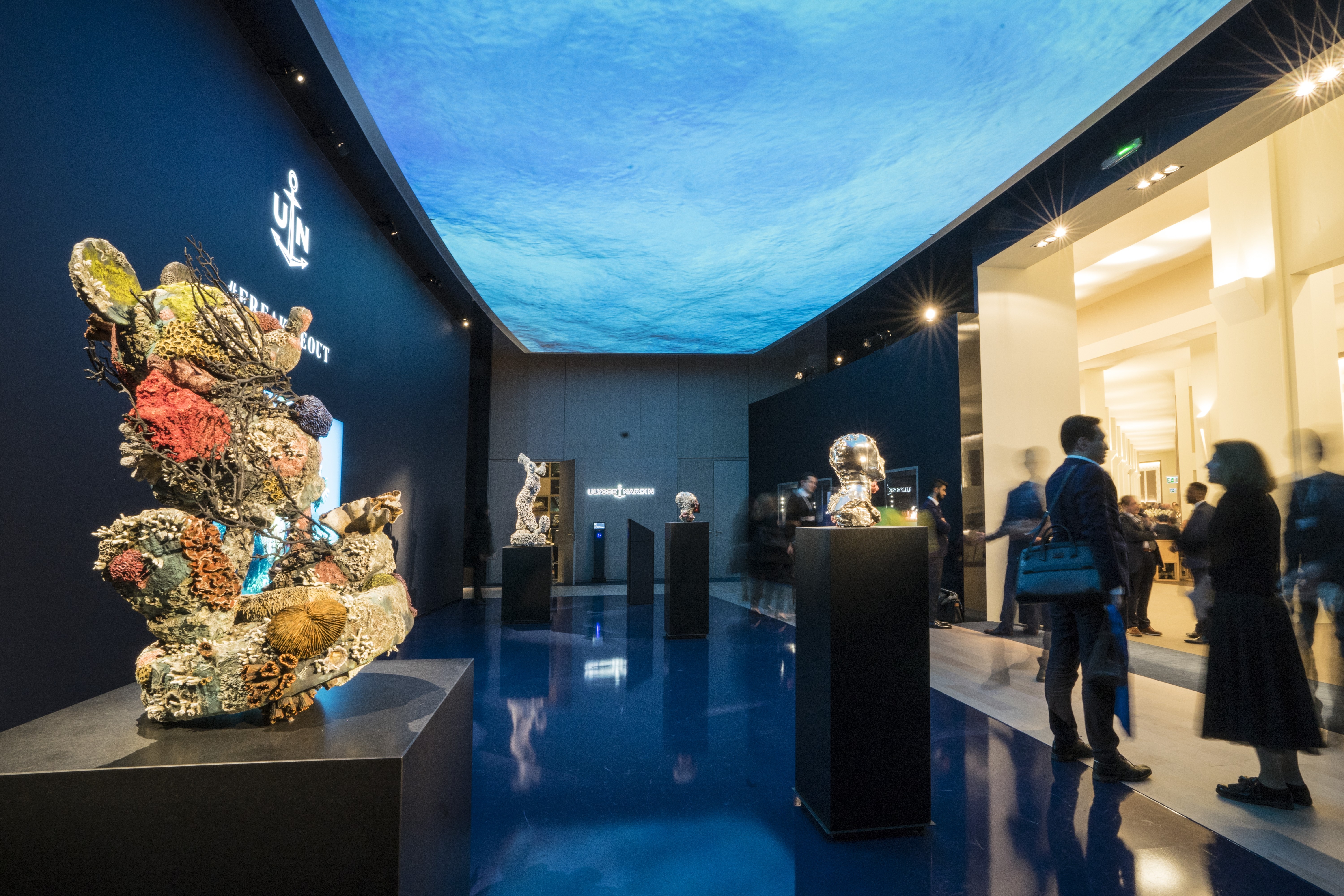 Ulysse Nardin's booth at SIHH 2018 features sculptures by contemporary British artist Damien Hirst. Photo: Anders Modig
