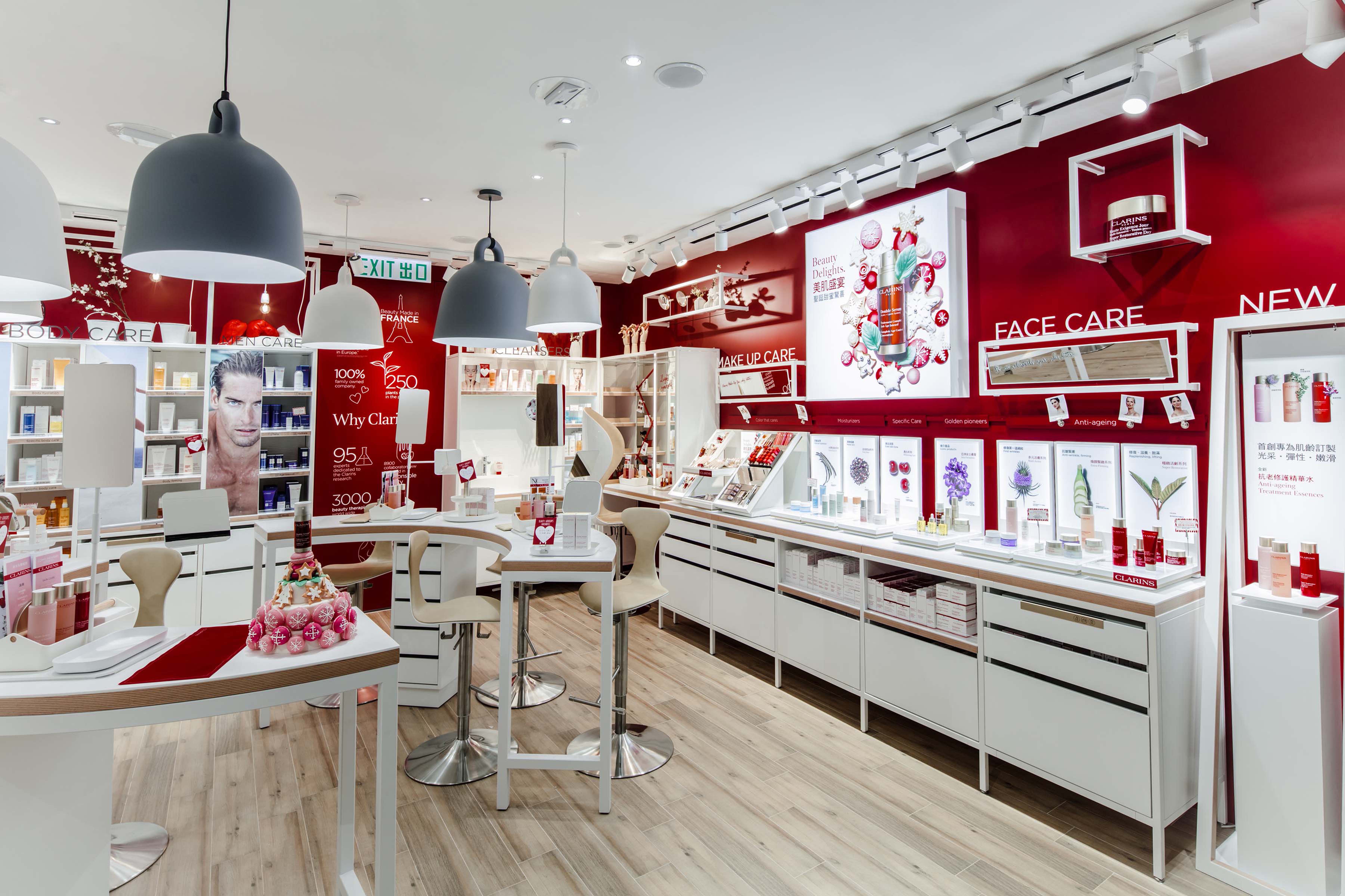 Clarins' shop in Hong Kong resembles a woman's dream vanity room.