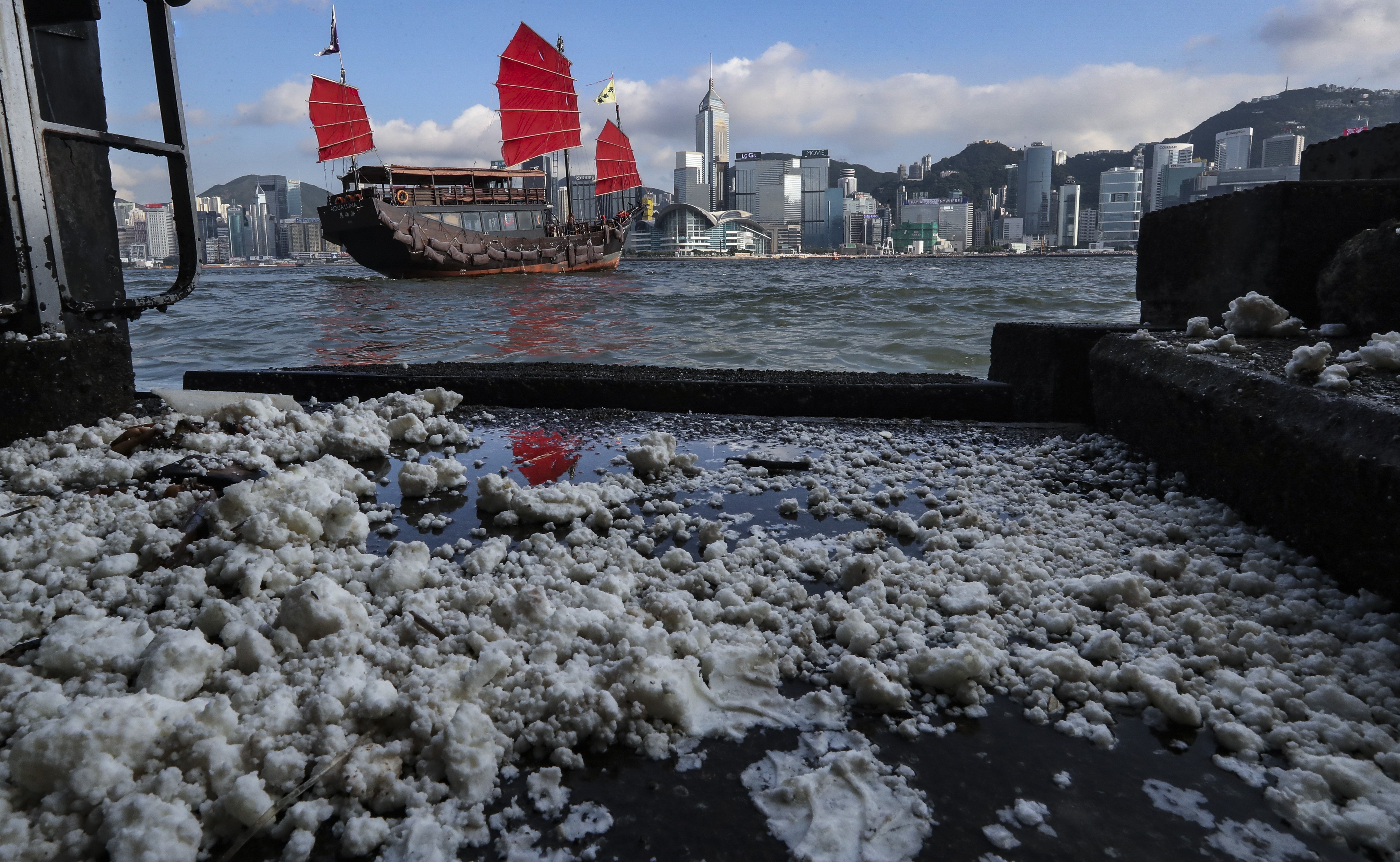 Nora Tam’s award-winning photo of oil pollution at Victoria Harbour in Tsim Sha Tsui. The oil came from a boat crash in mainland waters. Photo: Nora Tam