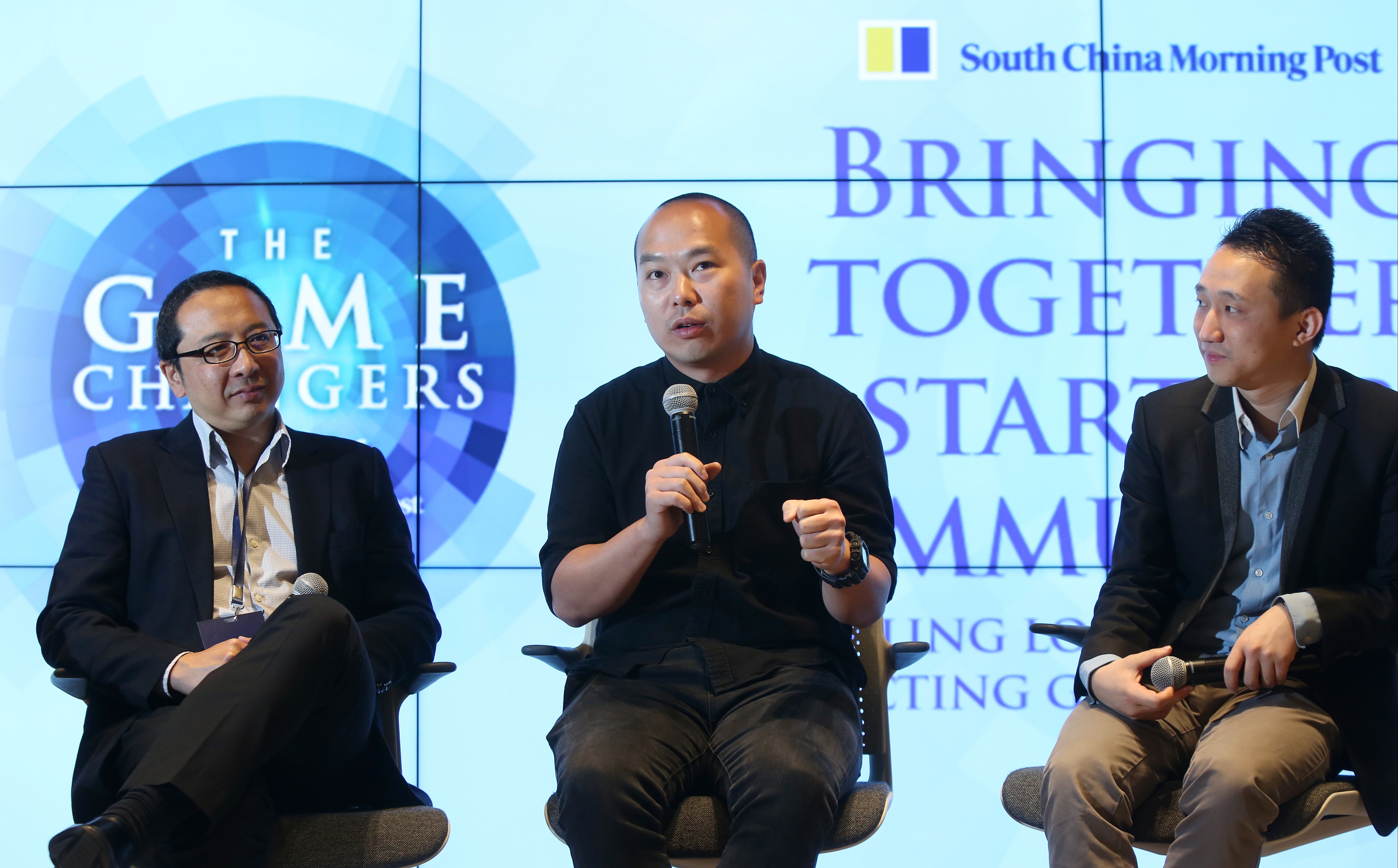 (from left) Paul Lee, co-founder of Ximplar, and co-founder and executive director of Aumeo, Ray Chan, CEO and co-founder of 9GAG, and Sum Wong, co-founder of EventXtra, attend a panel discussion at SCMP's Game Changers event, on Tuesday in Hong Kong. Photo: Xiaomei Chen