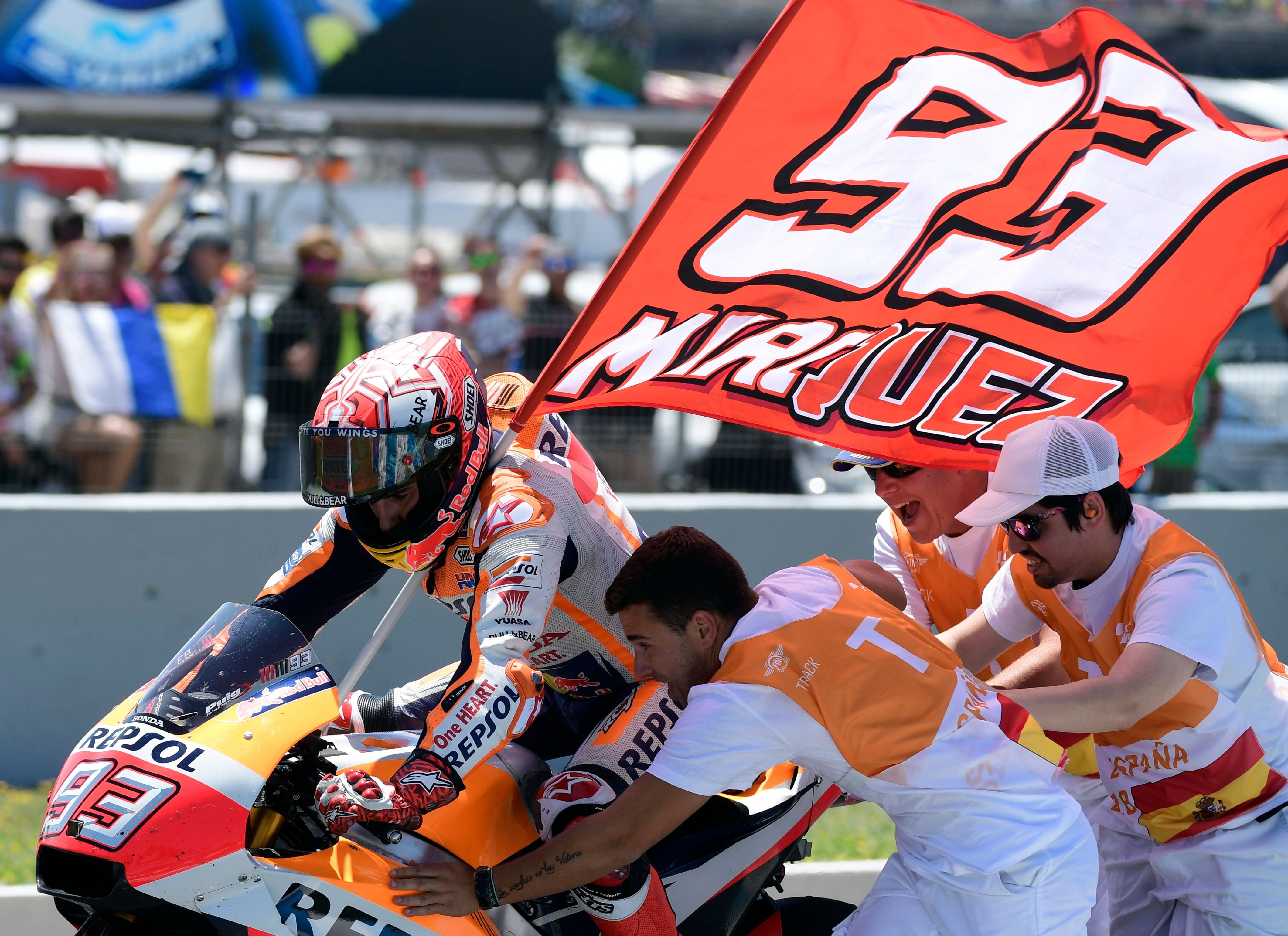 Spanish rider Marc Marquez celebrates winning the MotoGP race of the Spanish Grand Prix at the Jerez Angel Nieto racetrack. Photo: AFP
