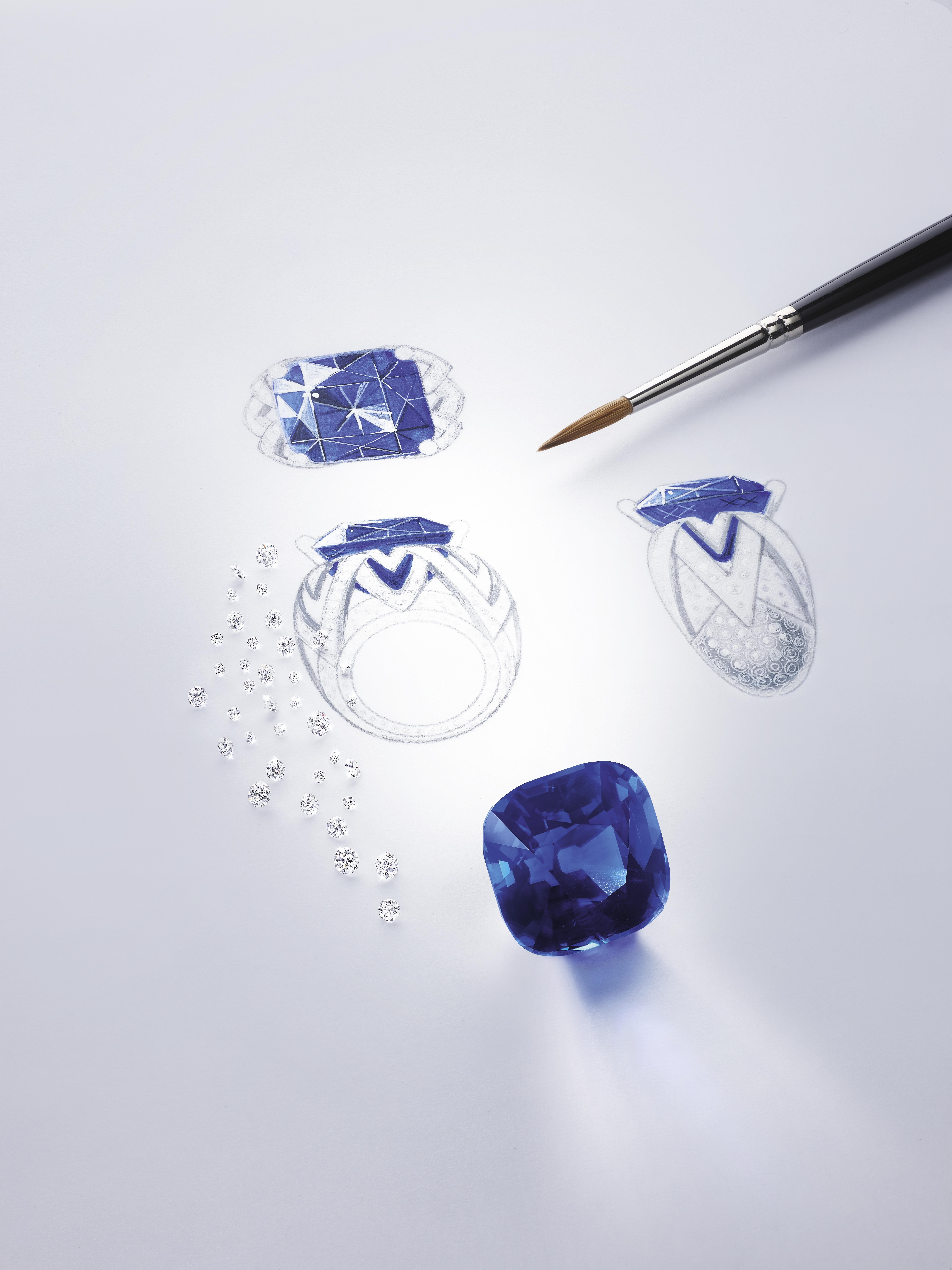 The making of Piaget Blue Ring 18ct white gold ring set with a 53.45ct cushion-shaped blue sapphire from Burma and brilliant-cut diamonds. Photo: Eric Sauvage