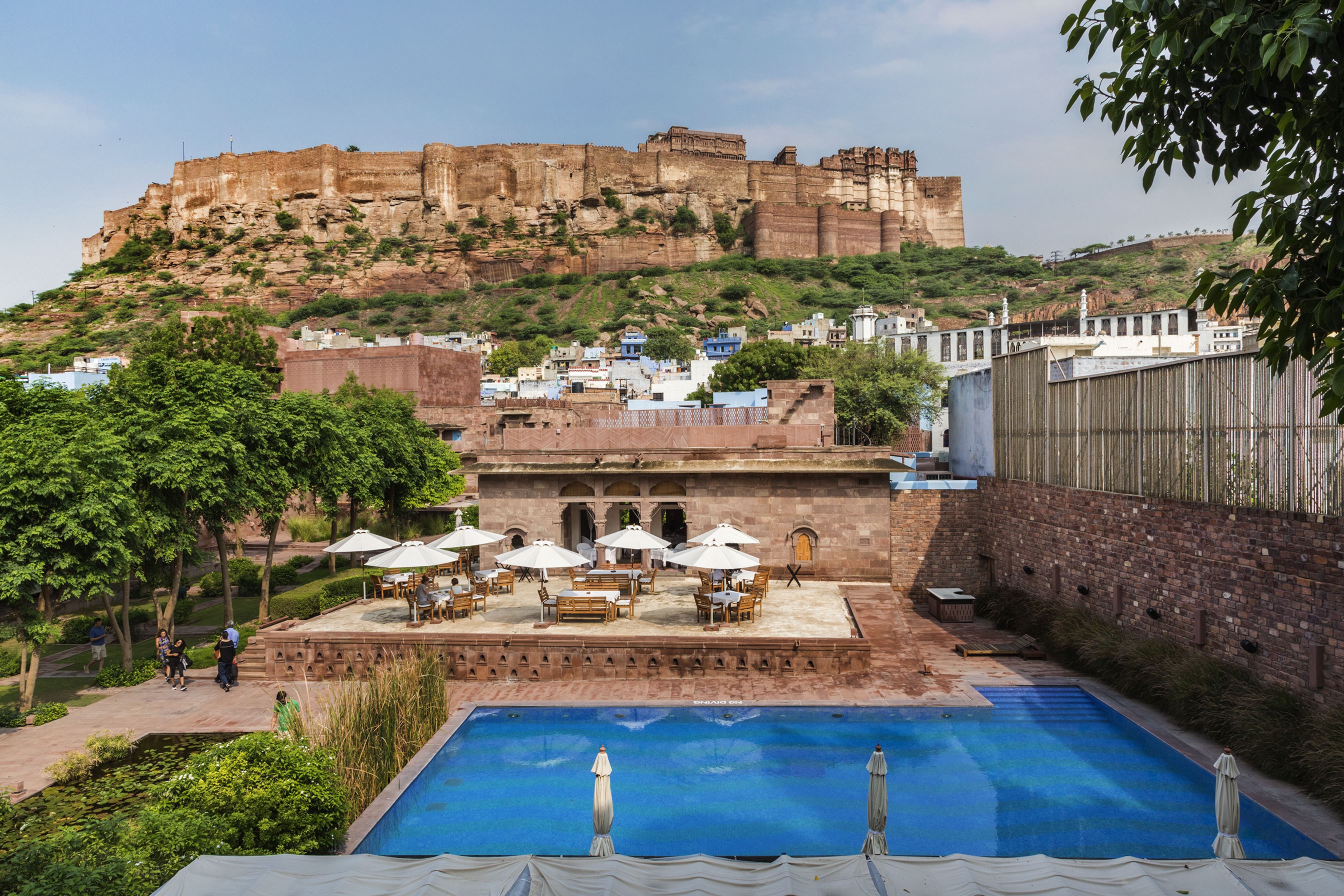 The Raas hotel in Jodhpur, India’s ‘Blue City’, with the imposing clifftop Mehrangarh Fort in the background.