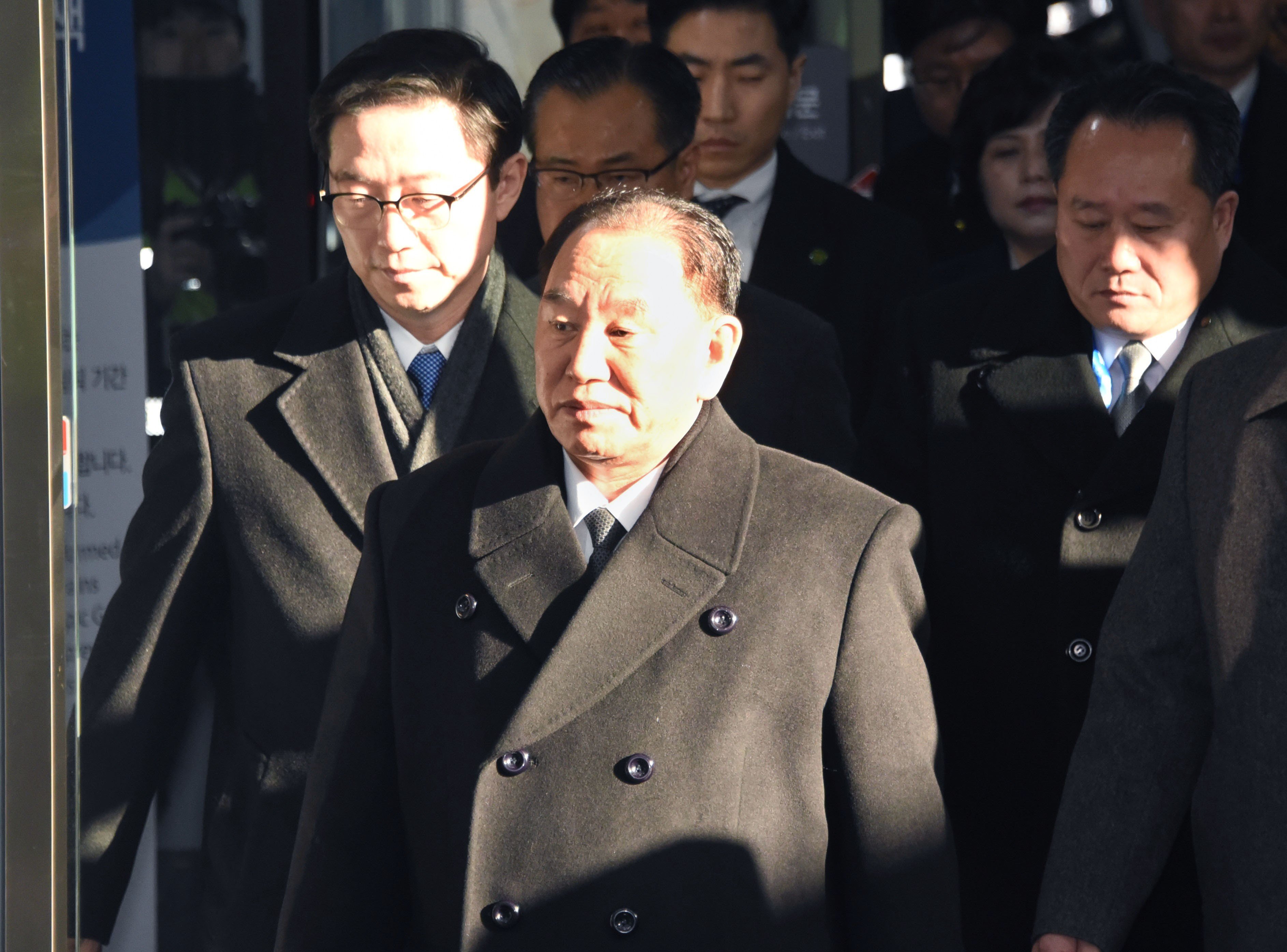 Senior North Korean official Kim Yong-chol (foreground, pictured in February) is expected to arrive in New York this week to hold talks with American representatives in preparation for a US-North Korea summit meeting. Photo: Kyodo