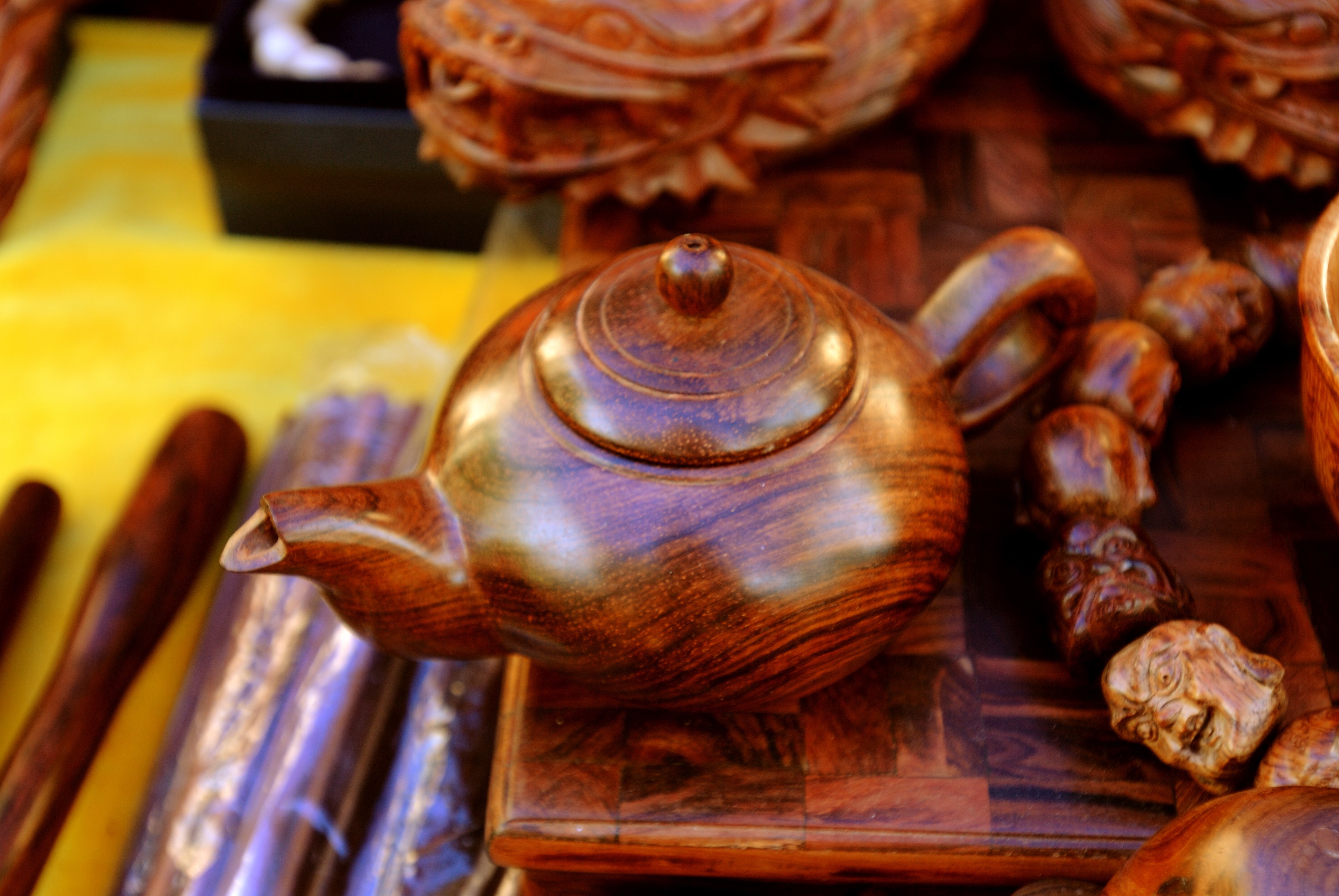 Huanghuali hardwood items such as this teapot can be found in Haikou’s stores.