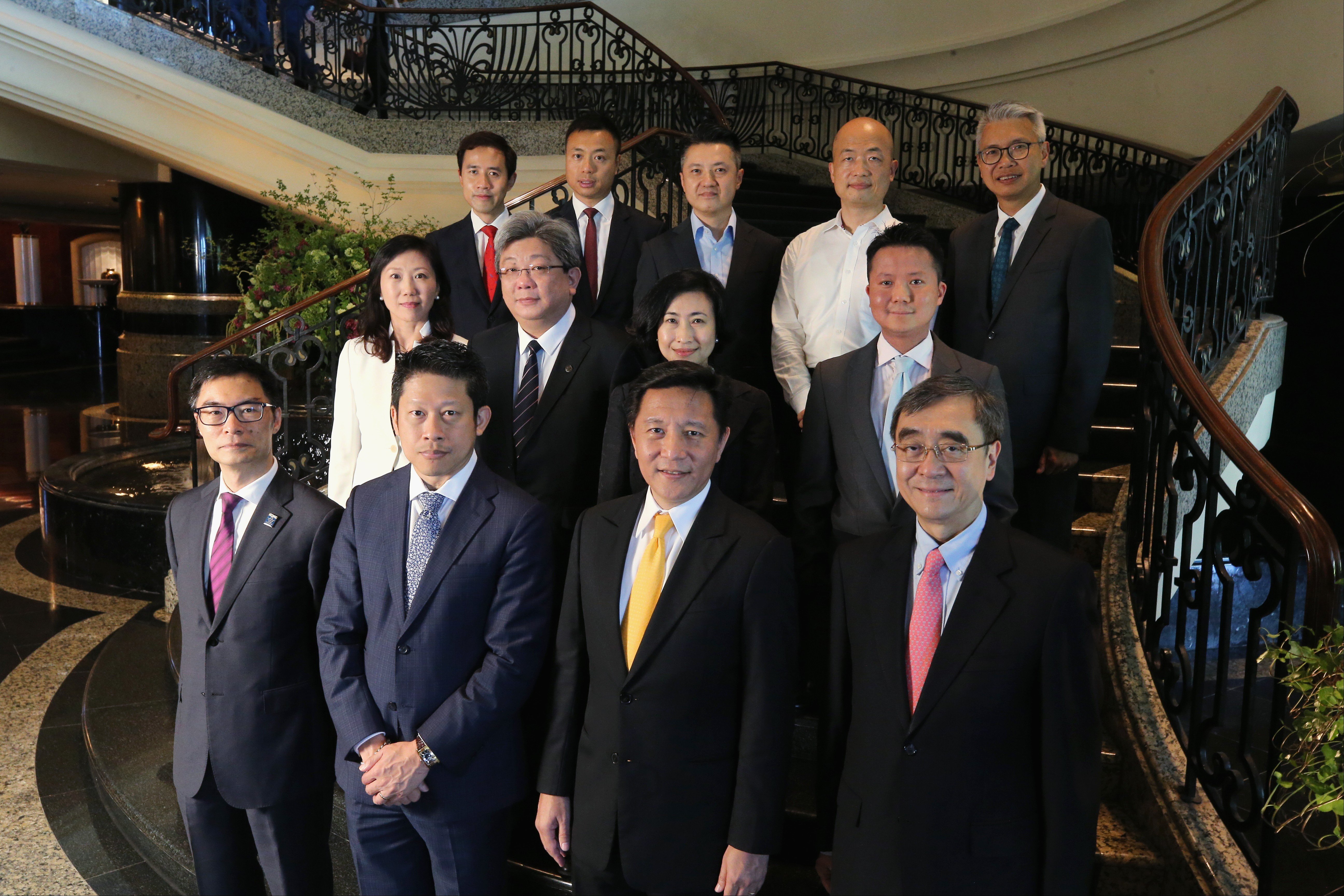 (front row left to right): Jeffrey Chan, FCPA, Councillor, CPA Australia; Eugene Tang, South China Morning Post; Herbert Vongpusanachai, Senior Vice President, Managing Director, DHL Express Hong Kong and Macau; and Professor Richard Wong, Professor of Economics, the University of Hong Kong. (middle row left to right): Iris Wong, Director, Belt and Road & External Relations, Hong Kong Trade Development Council; Samson Lam, Executive Chairman, VPower Group International Holdings Limited; Lianne Ng, Group Director, External Affairs & Sustainability, Vitasoy International Holdings Limited; and David Pun, Chairman & CEO of EVISU Group Limited. (back row left to right): Ronald Kan, 2018 National President, Junior Chamber International Hong Kong; Lap Man, Founder and Chief Executive Officer, DYXnet Group; Ray Chan, President of Central Business Information Limited; Zhou Jiaxing, Managing Director & Head of Legal, China International Capital Corporation Limited; and Terence Chiu, Head of Comm