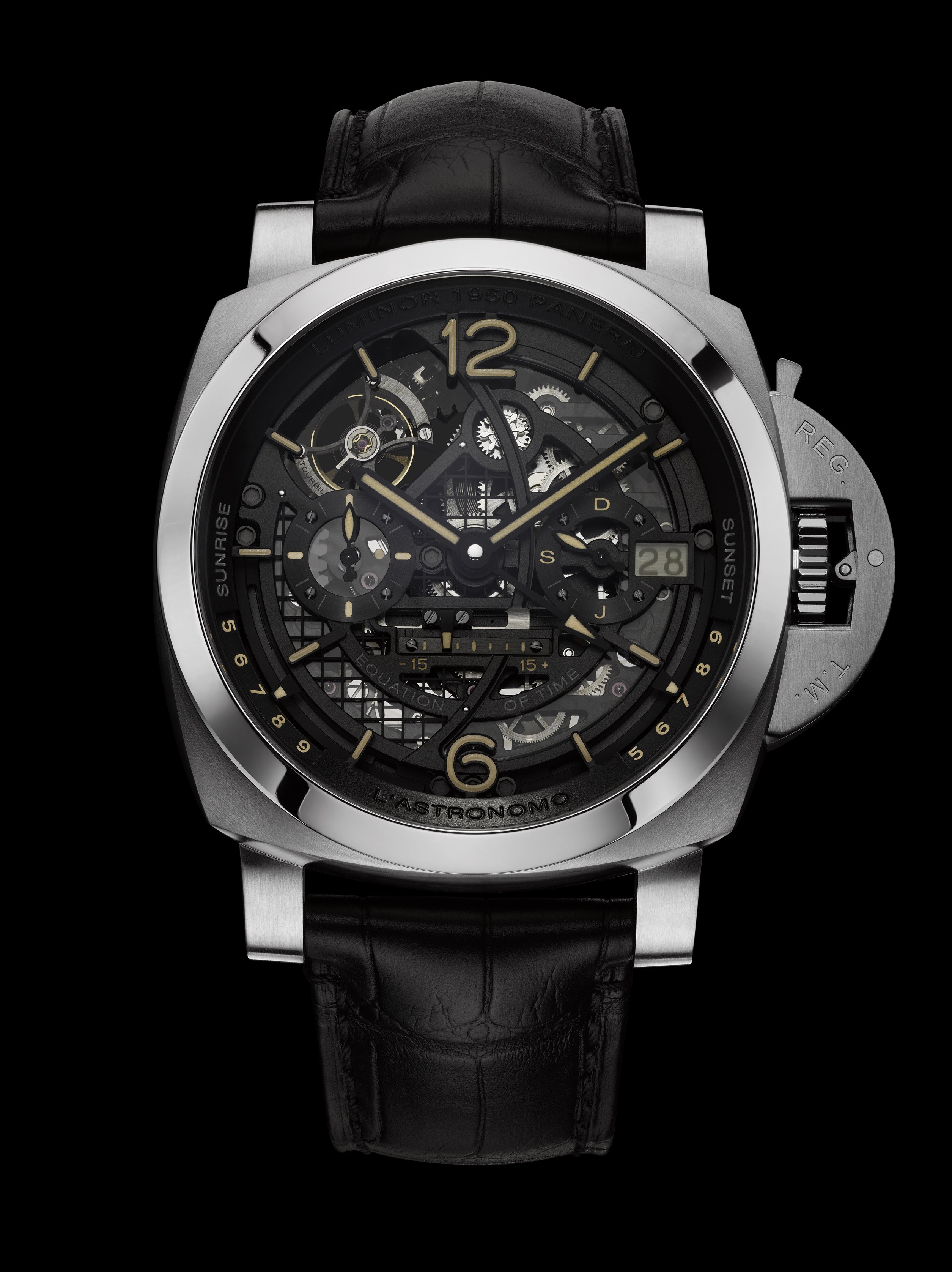 Panerai. Inspired by Galileo, the L’Astronomo – Luminor 1950 Tourbillon Moon Phases Equation of Time GMT Titanio is hand-wound with a P.2005/GLS calibre. Price on request