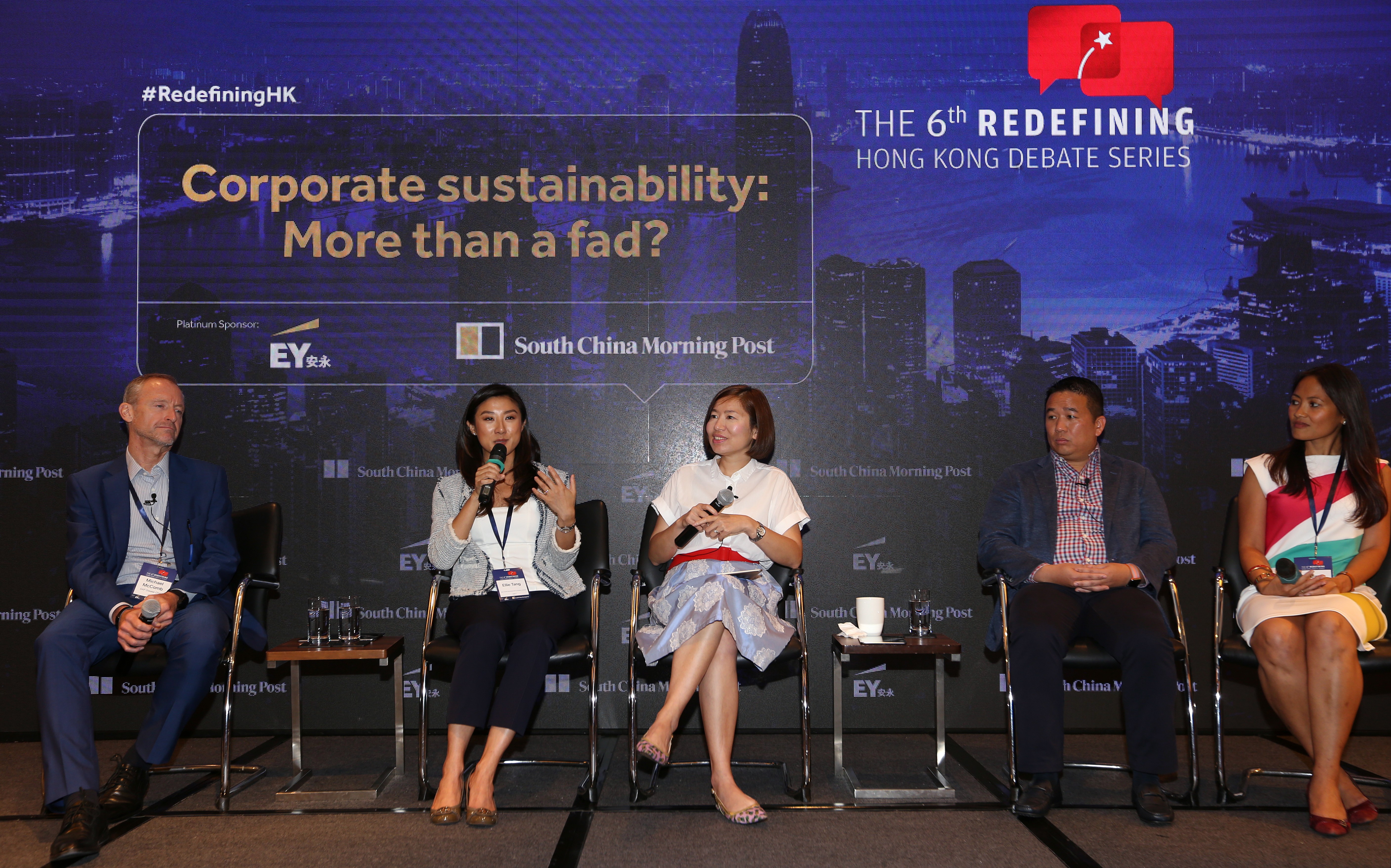 (Left to right): Michael McComb, vice president for communications and sustainability at SAP Greater China; Ellie Tang, head of sustainability at New World Development; Denise Tsang, Hong Kong News Editor, South China Morning Post; Roger Lee, CEO of TAL Group; and Pat Dwyer, founder of The Purpose Business, attend the Redefining Hong Kong Debate Series – Corporate Sustainability, at the JW Marriott Hotel in Admiralty on Tuesday. Photo: Xiaomei Chen