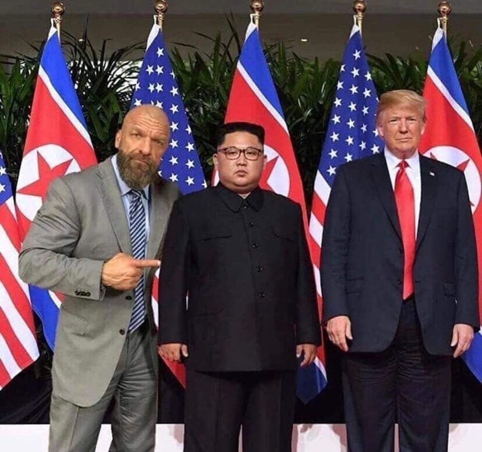 A Photoshopped image of WWE star Triple H inserted into the Trump-Kim summit. Photo: Twitter