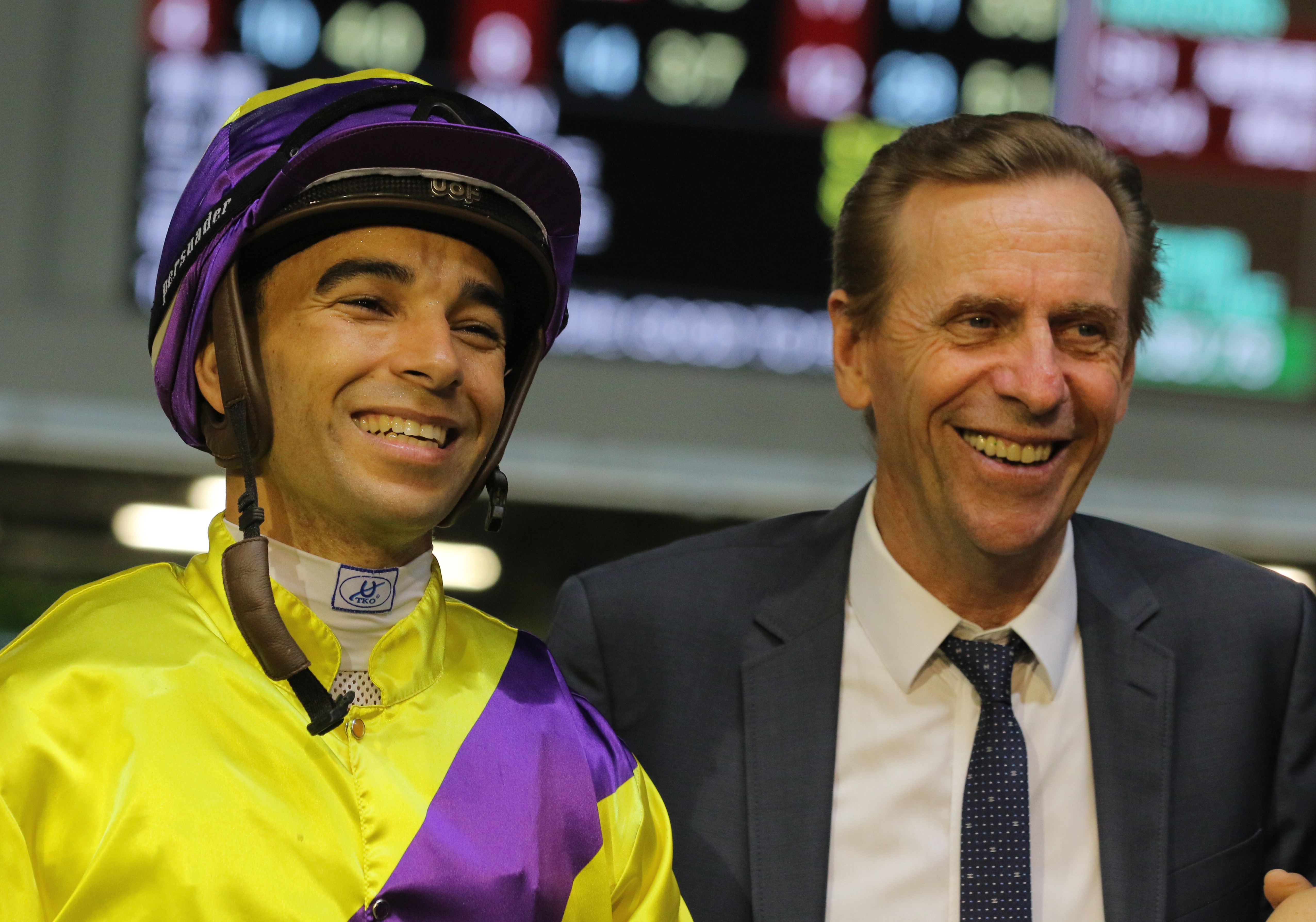 Joao Moreira and John Size after Jolly Bountiful won on Wednesday night. Photos: Kenneth Chan.