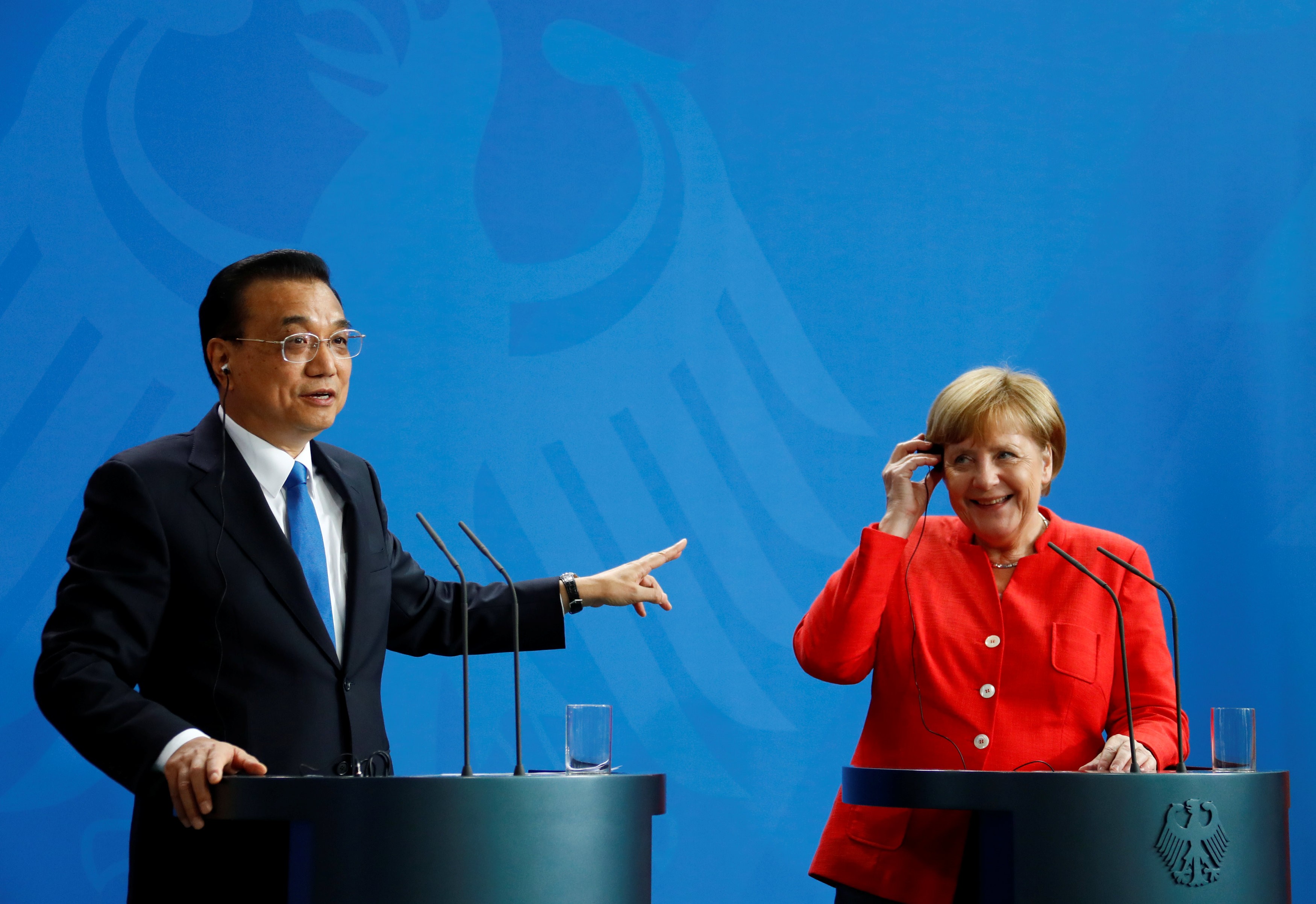 Chinese Premier Li Keqiang and German Chancellor Angela Merkel hold a press conference at the chancellery in Berlin, Germany, on July 9. China and Europe have been the target of US President Donald Trump’s trade threats. Photo: Reuters
