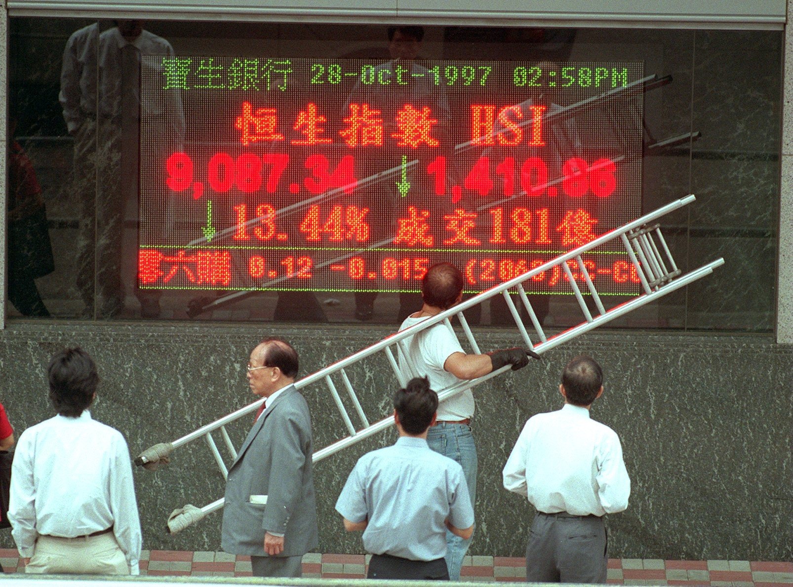 People watch an electronic board displaying the Hang Seng Index at Central in this photo from October 28, 1997. Companies boosted their share buy-backs when the market tanked in 1997. Photo: SCMP