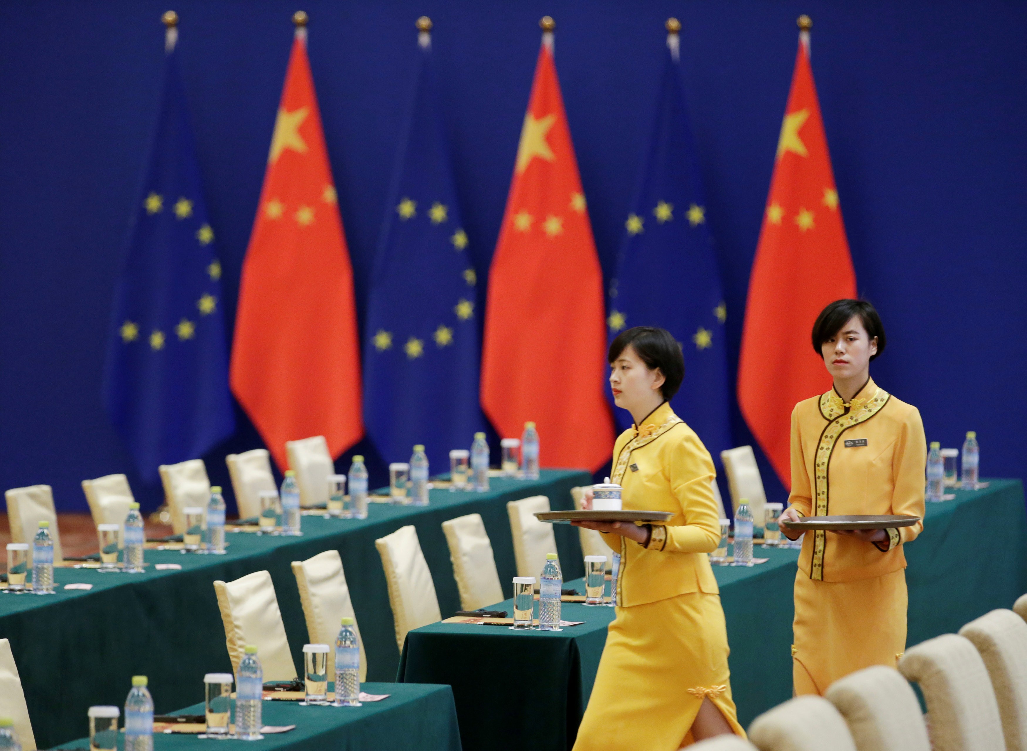 Attendants prepare for an EU-China summit last month. Photo: Reuters