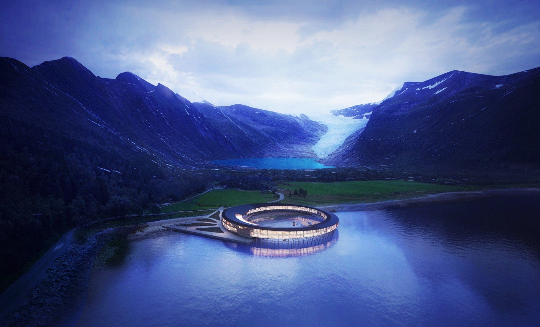 The stunning ring-shaped hotel, Svart, which is situated on Norway’s Svartisen glacier, just above the Arctic Circle, will be the world’s first energy positive hotel when it opens in 2021.
